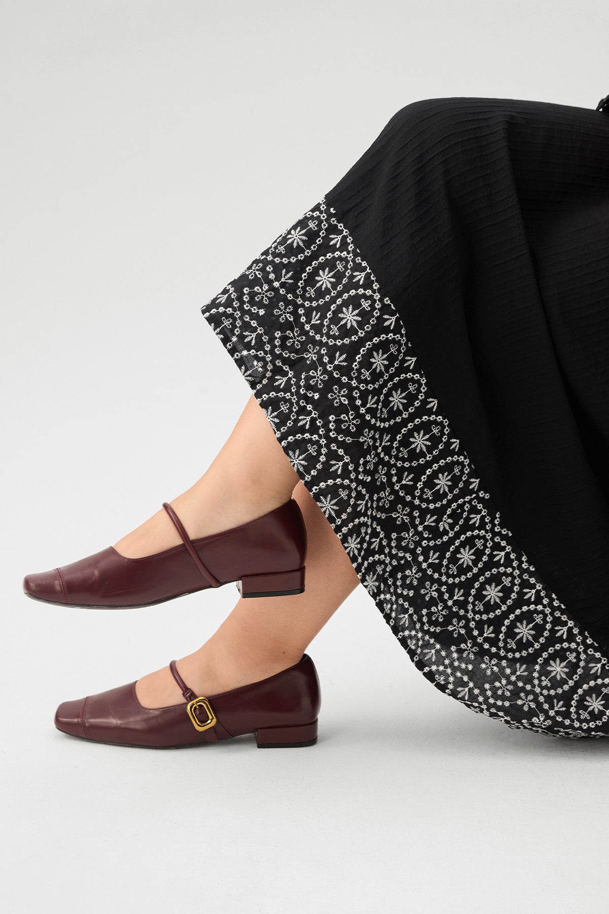 Boho Floral Embroidered Hem V - Neck Smocked Waist Maxi Dress