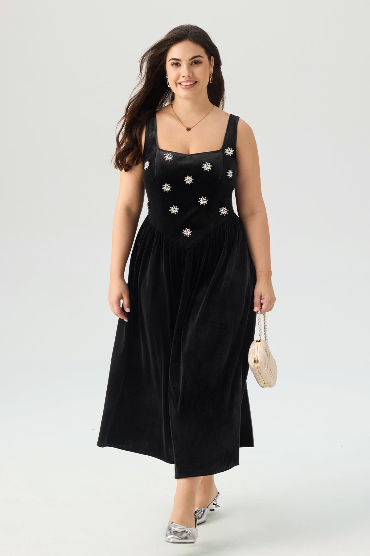 Velvet Square Neck Rhinestone Embellished Maxi Dress