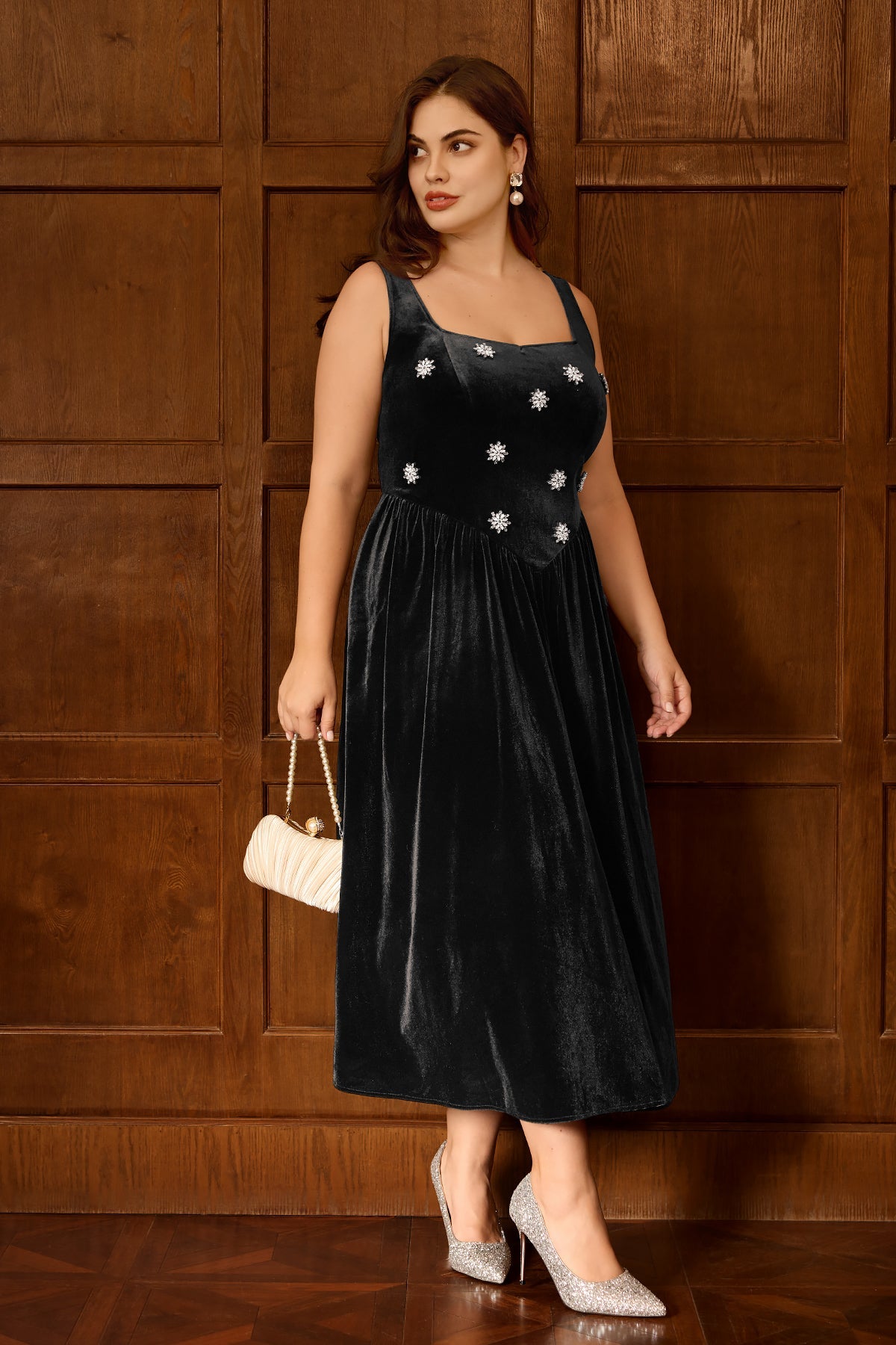 Velvet Square Neck Rhinestone Embellished Maxi Dress