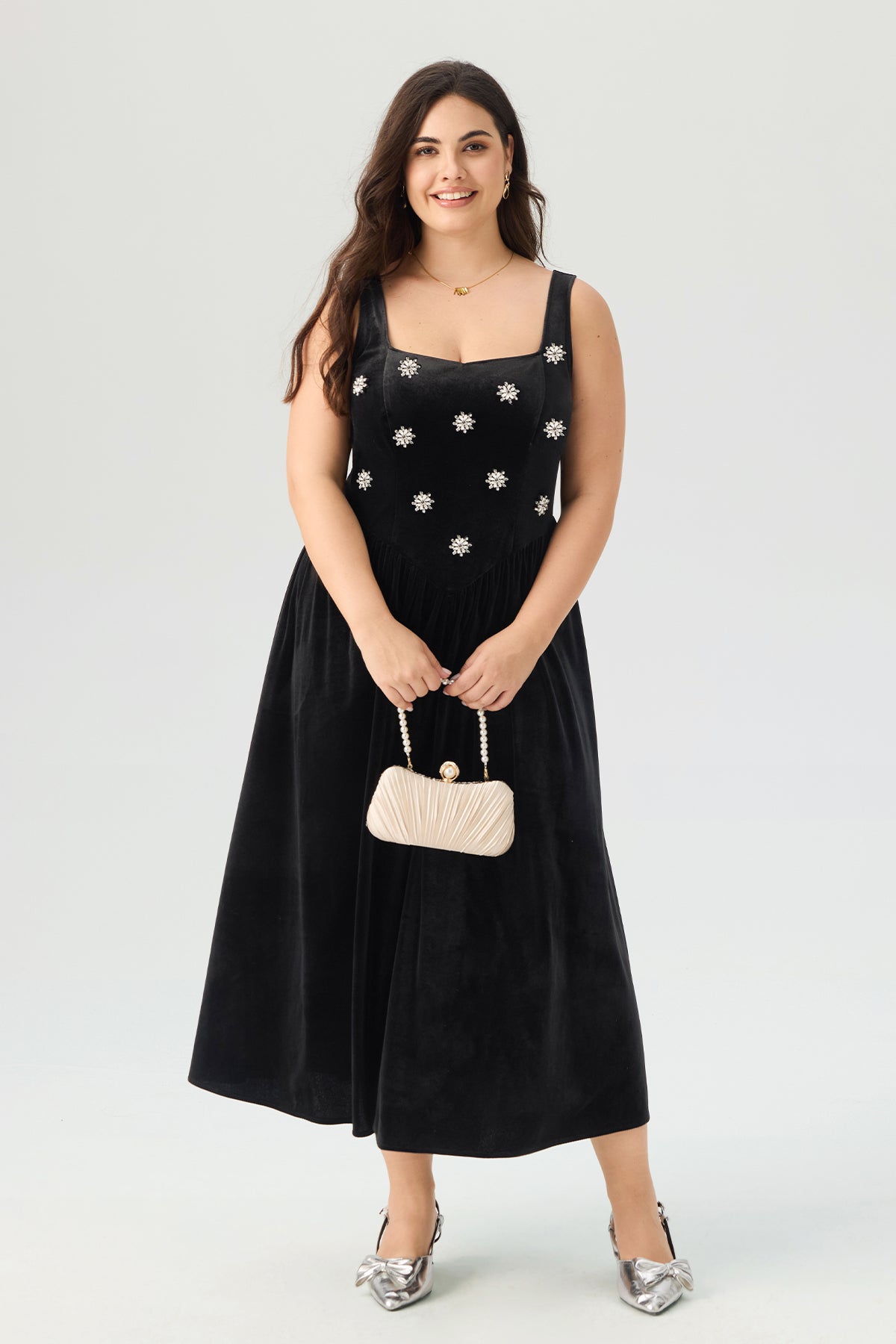 Velvet Square Neck Rhinestone Embellished Maxi Dress