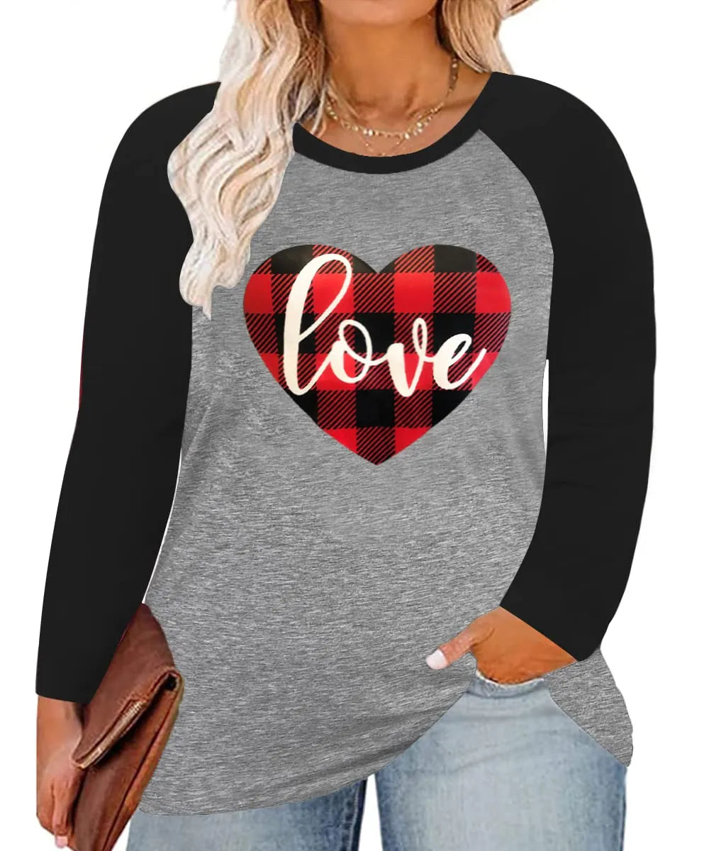 Contrast Gather Plaid Love Heart Print Raglan Long Sleeve Top