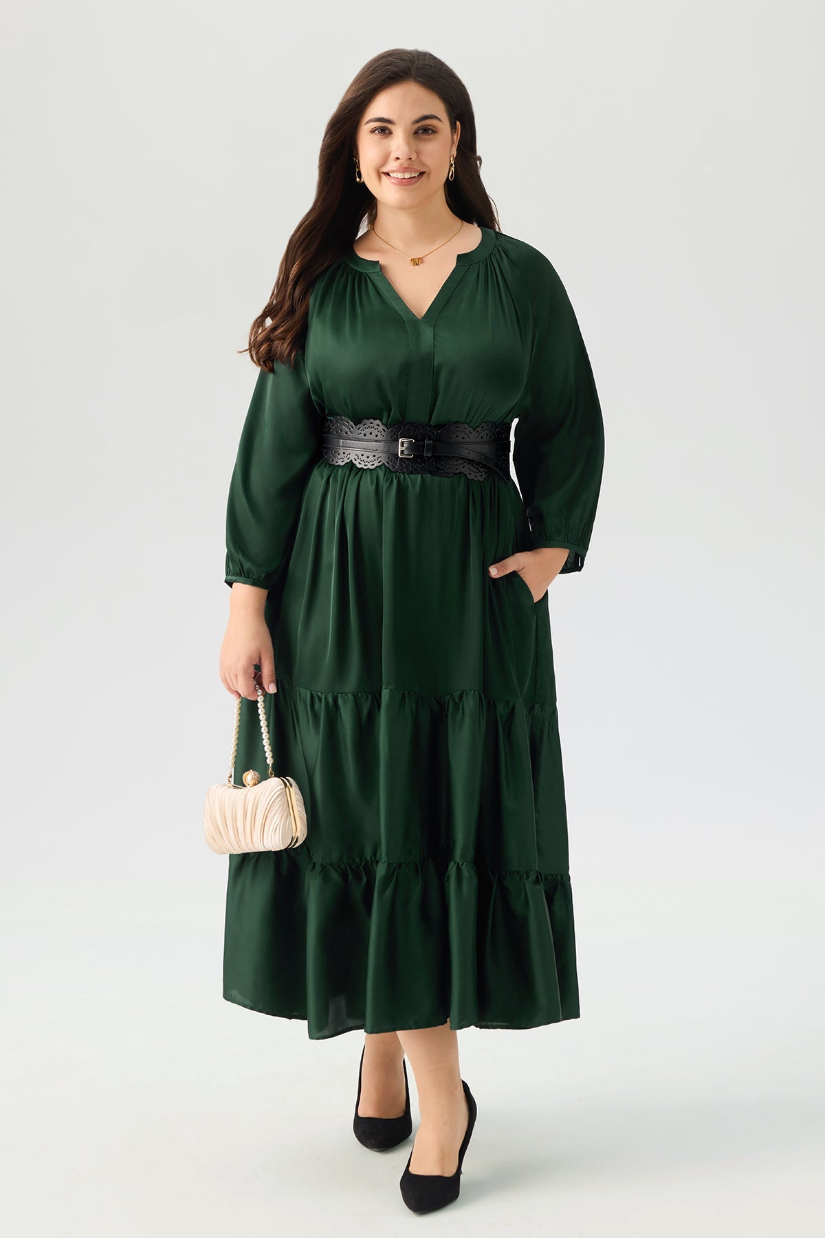 Satin Notch Neck Pocket Tiered Maxi Dress