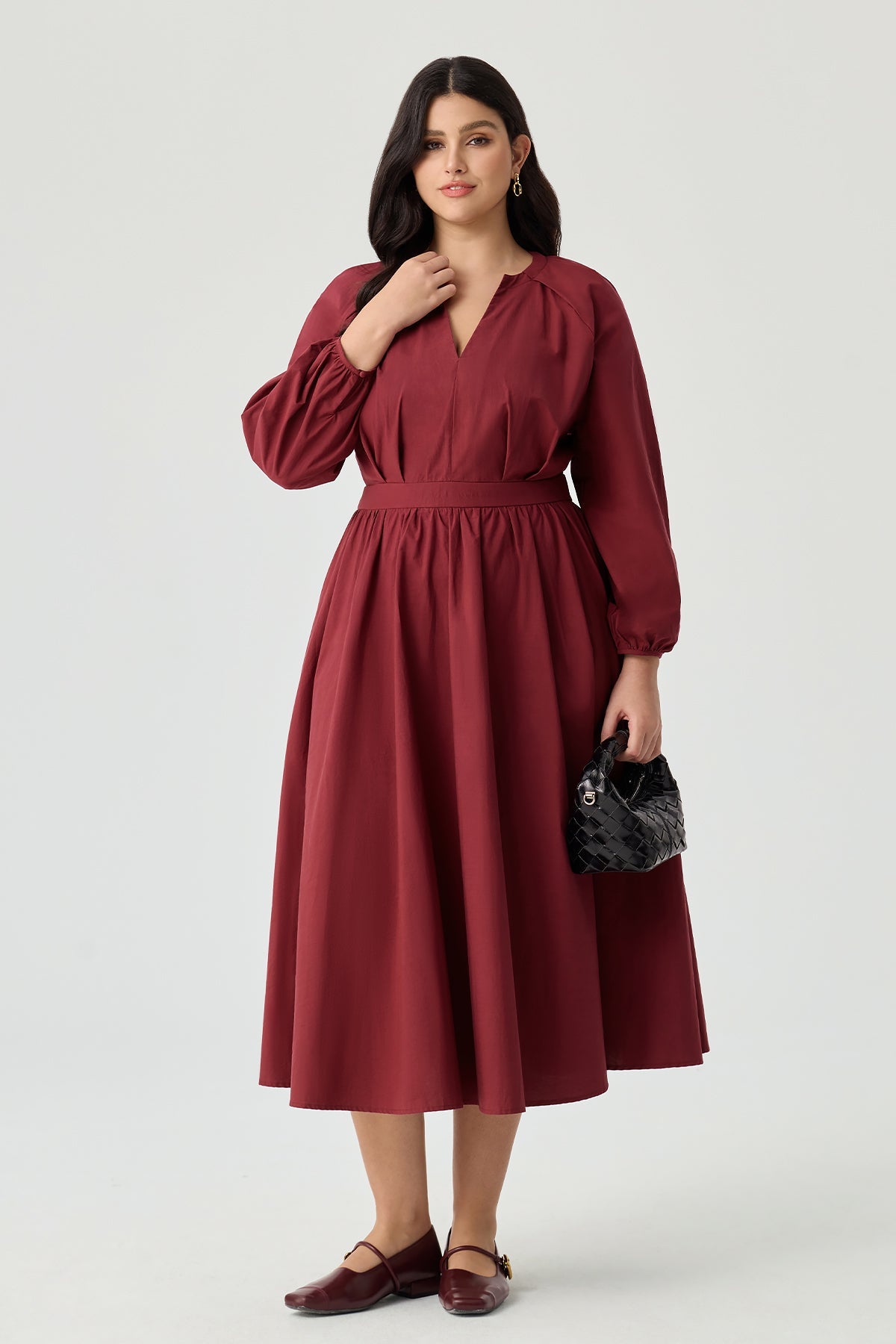 Ritera Pockets V-Neck Pleated Midi Dress with Back Tie