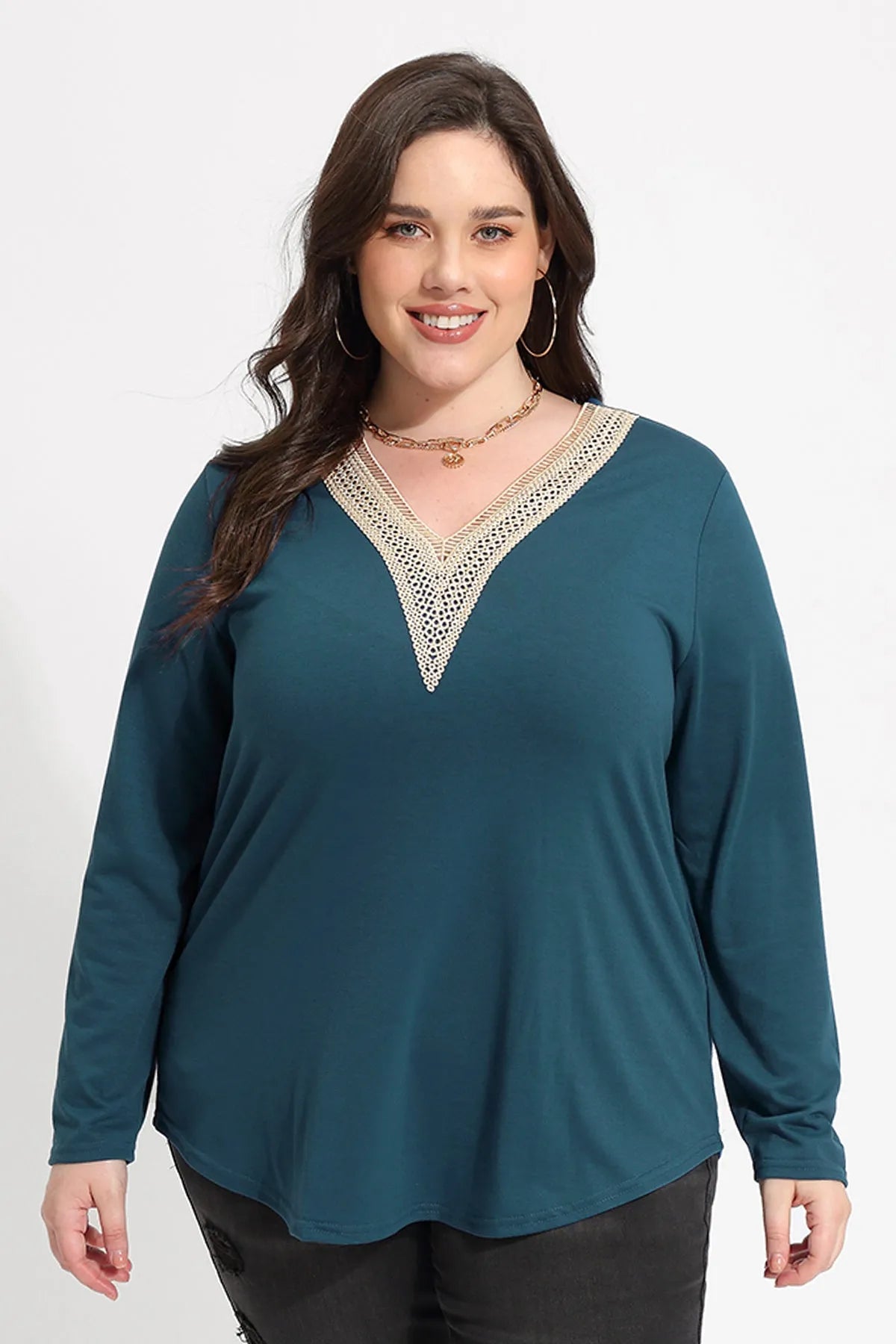 Solid Sexy Lace V-neck Long Sleeve T-Shirt