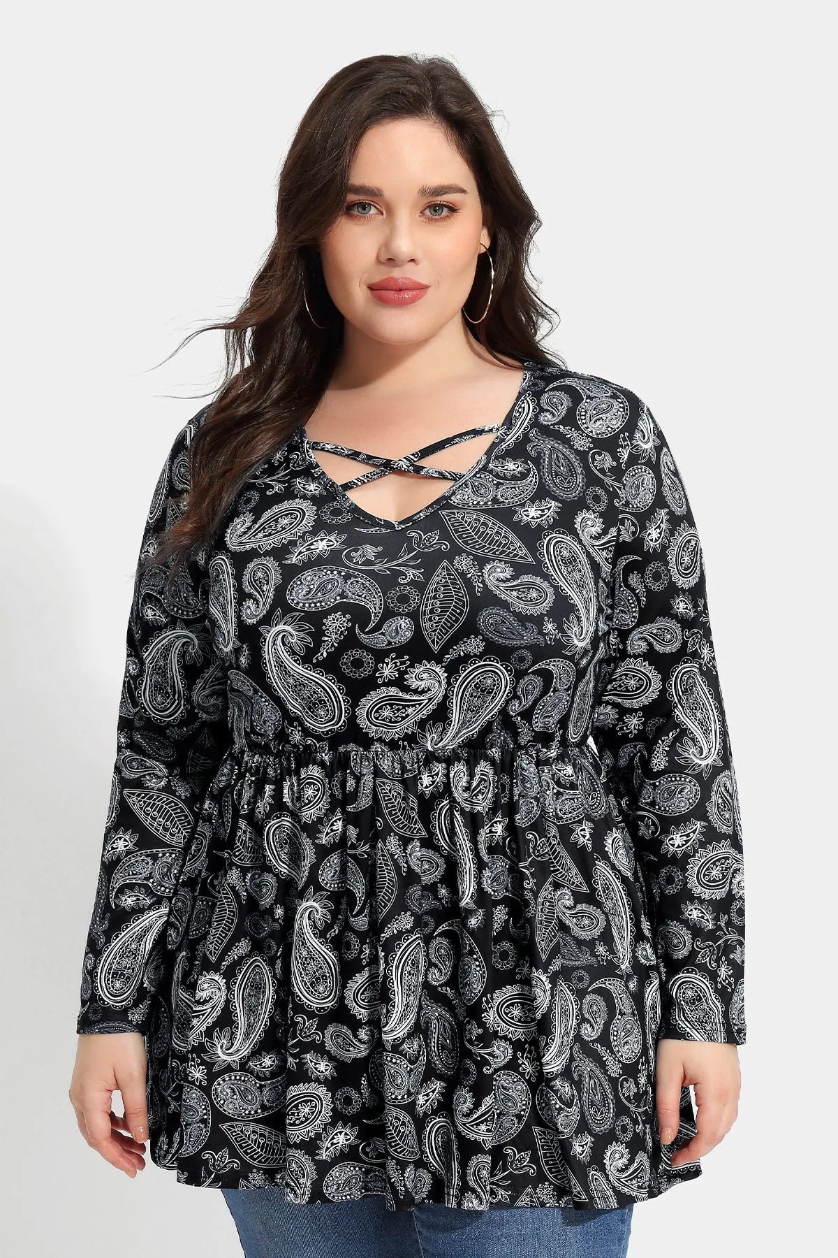 Floral Crisscross V-neck Pleated Tunic T-Shirt