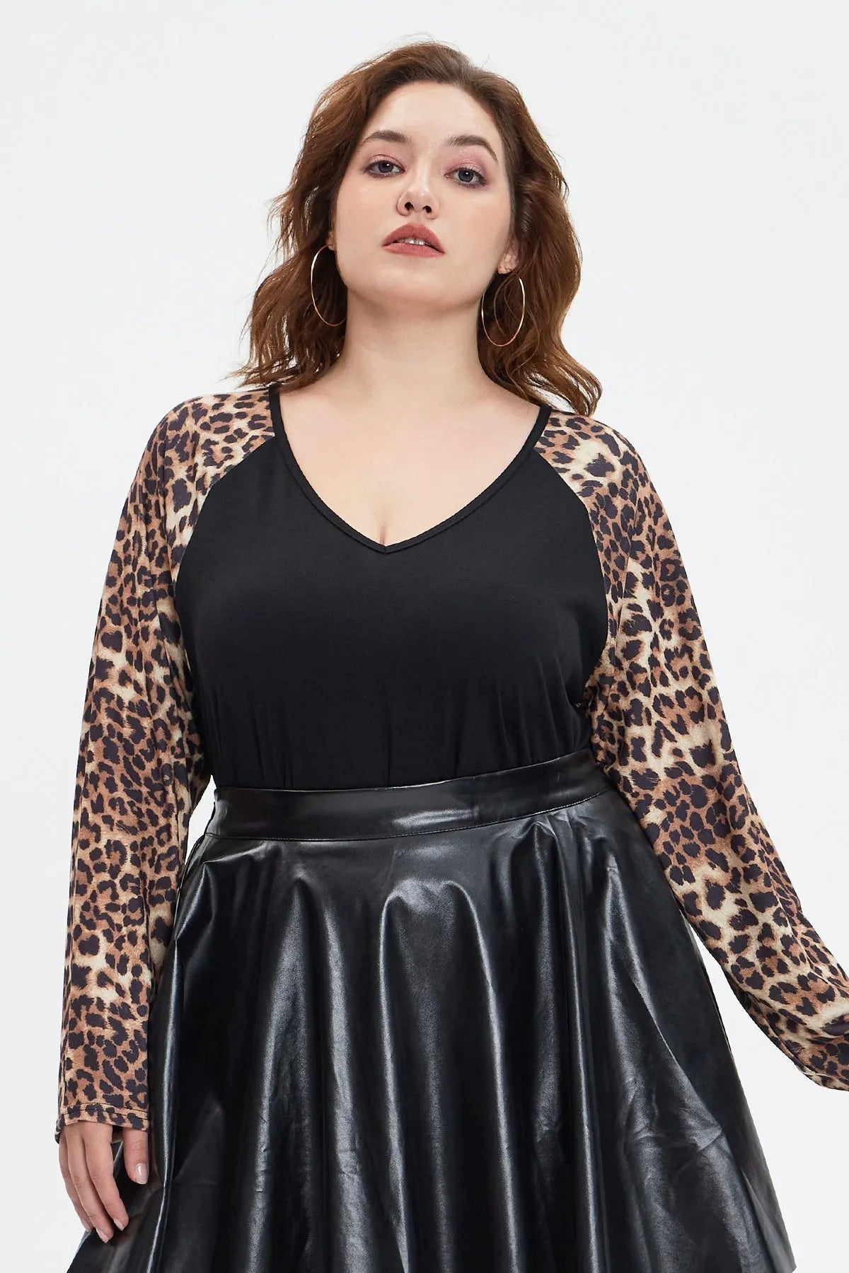 Black Leopard Raglan V Neck Long Sleeve T-Shirt