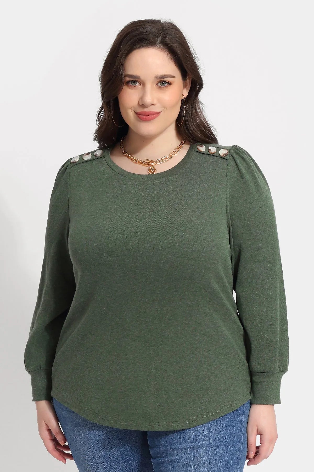 Solid Button Shoulder Detail Crewneck T-Shirt