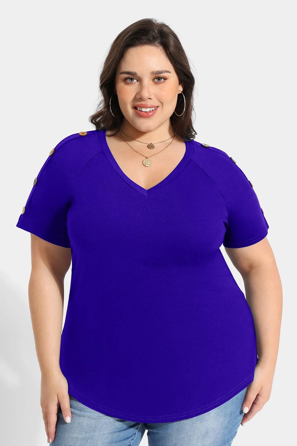 Ritera Plain V-neck Button Detail Short Sleeve T-Shirt