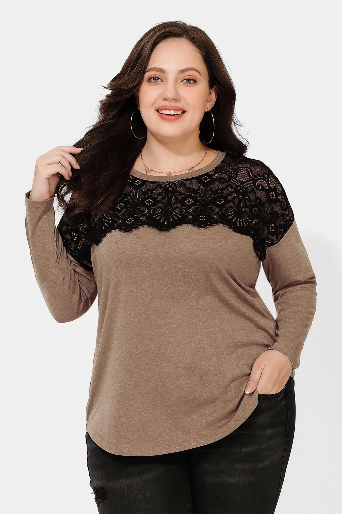 Black Lace Shoulder Crewneck Long Sleeve Shirt