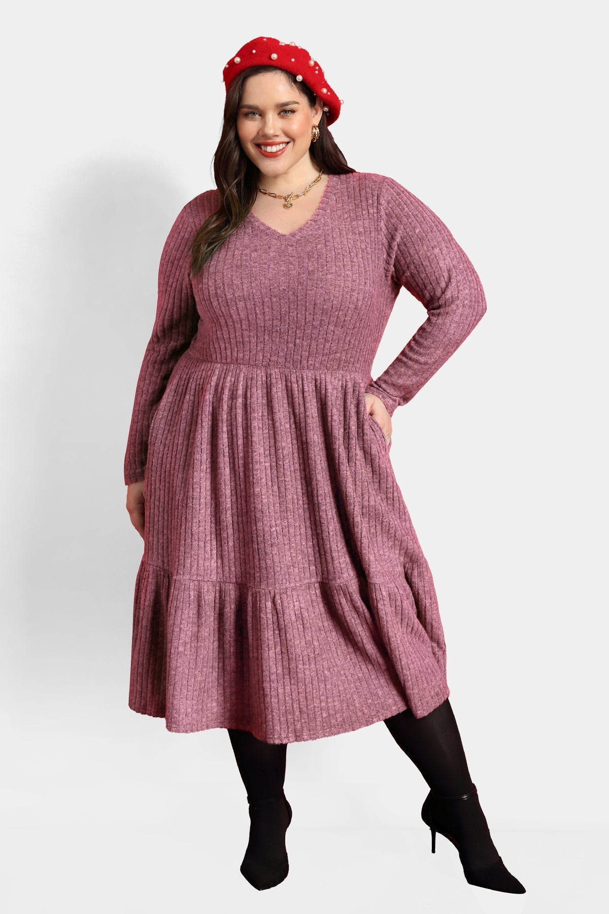 Ritera Solid Rib Knit Ruffle Hem Pleated Midi Dress With Pockets