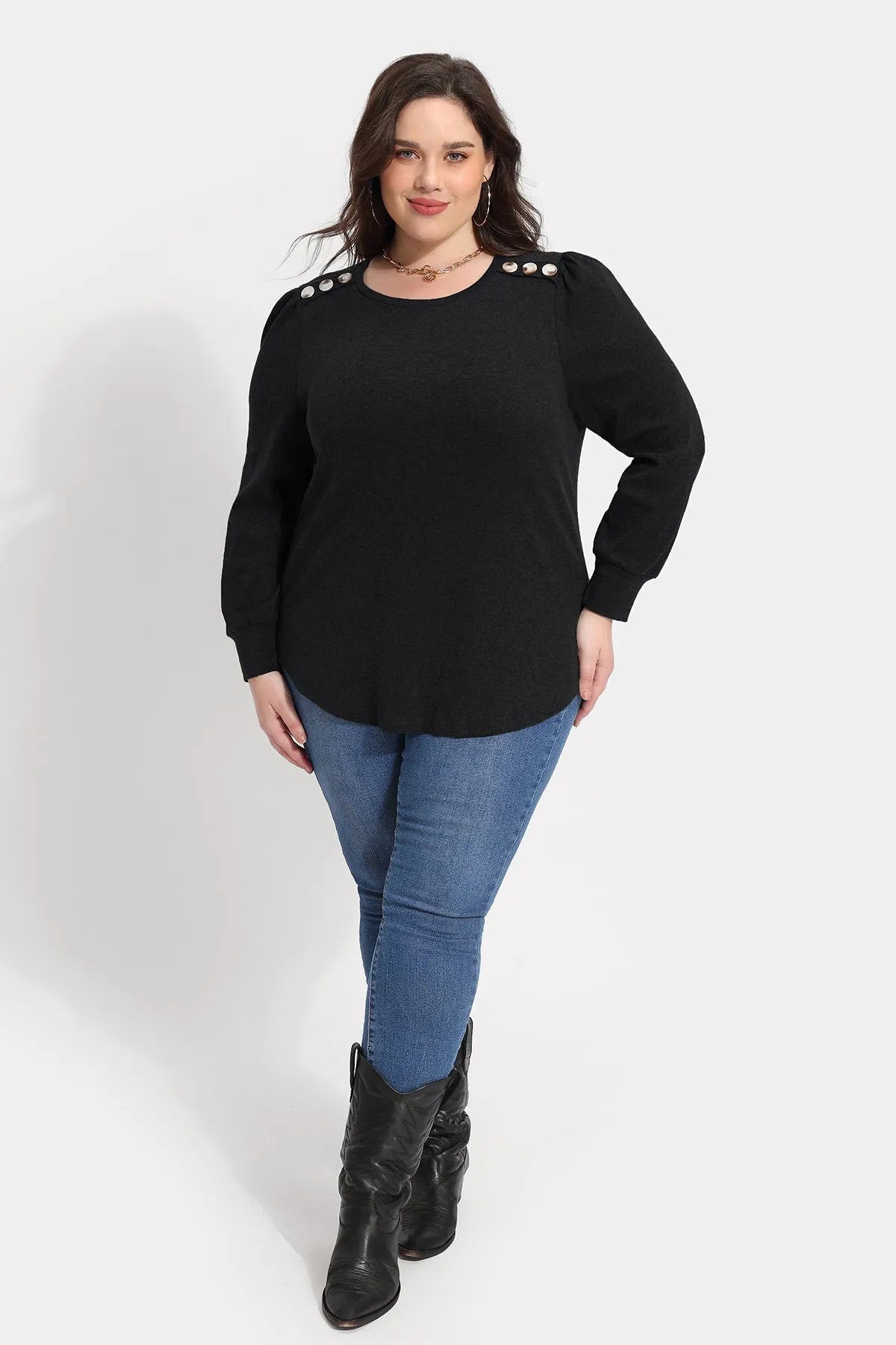 Solid Button Shoulder Detail Crewneck T-Shirt