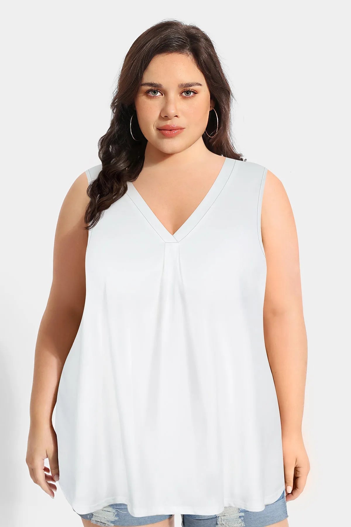 Solid Essential Tunic Basic V Neck Pleated Tank Top