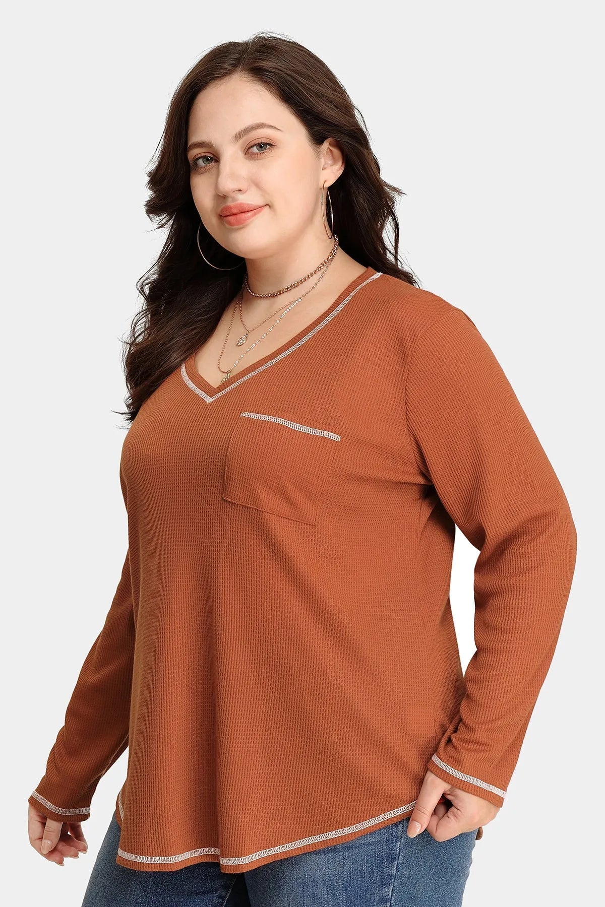 Texture Knitted V Neck Pocket Long Sleeve T-Shirt