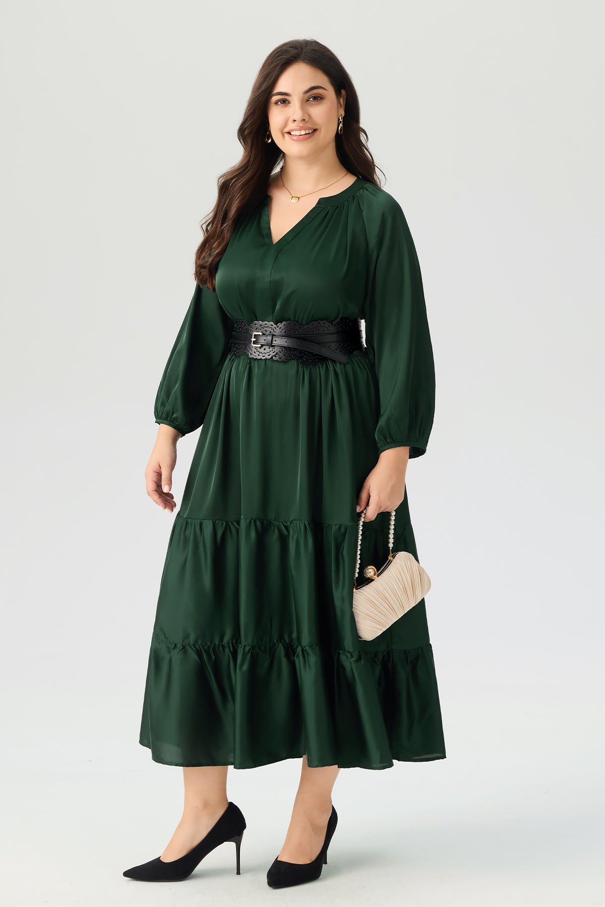 Satin Notch Neck Pocket Tiered Maxi Dress