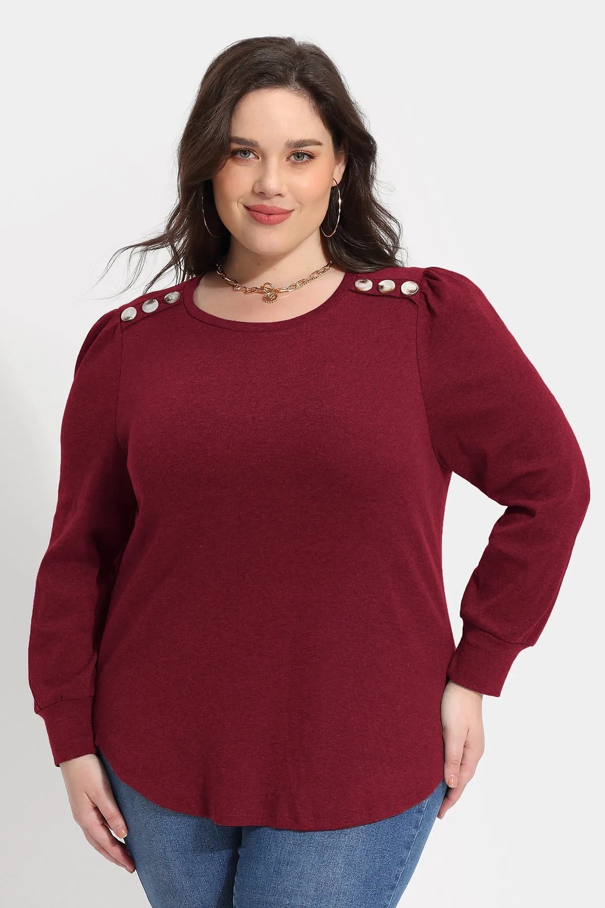 Solid Button Shoulder Detail Crewneck T-Shirt