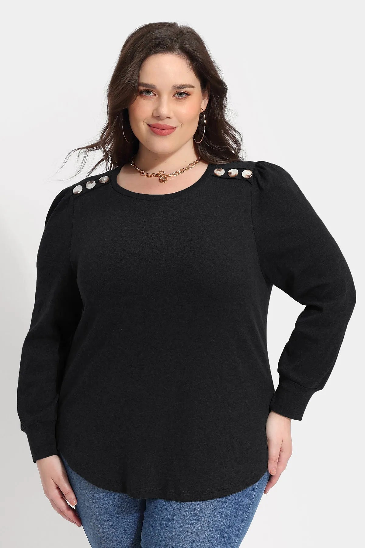 Solid Button Shoulder Detail Crewneck T-Shirt