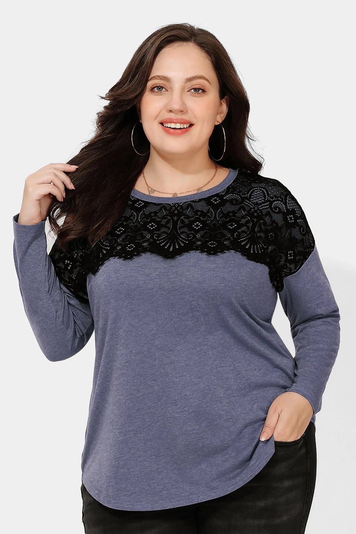 Black Lace Shoulder Crewneck Long Sleeve Shirt