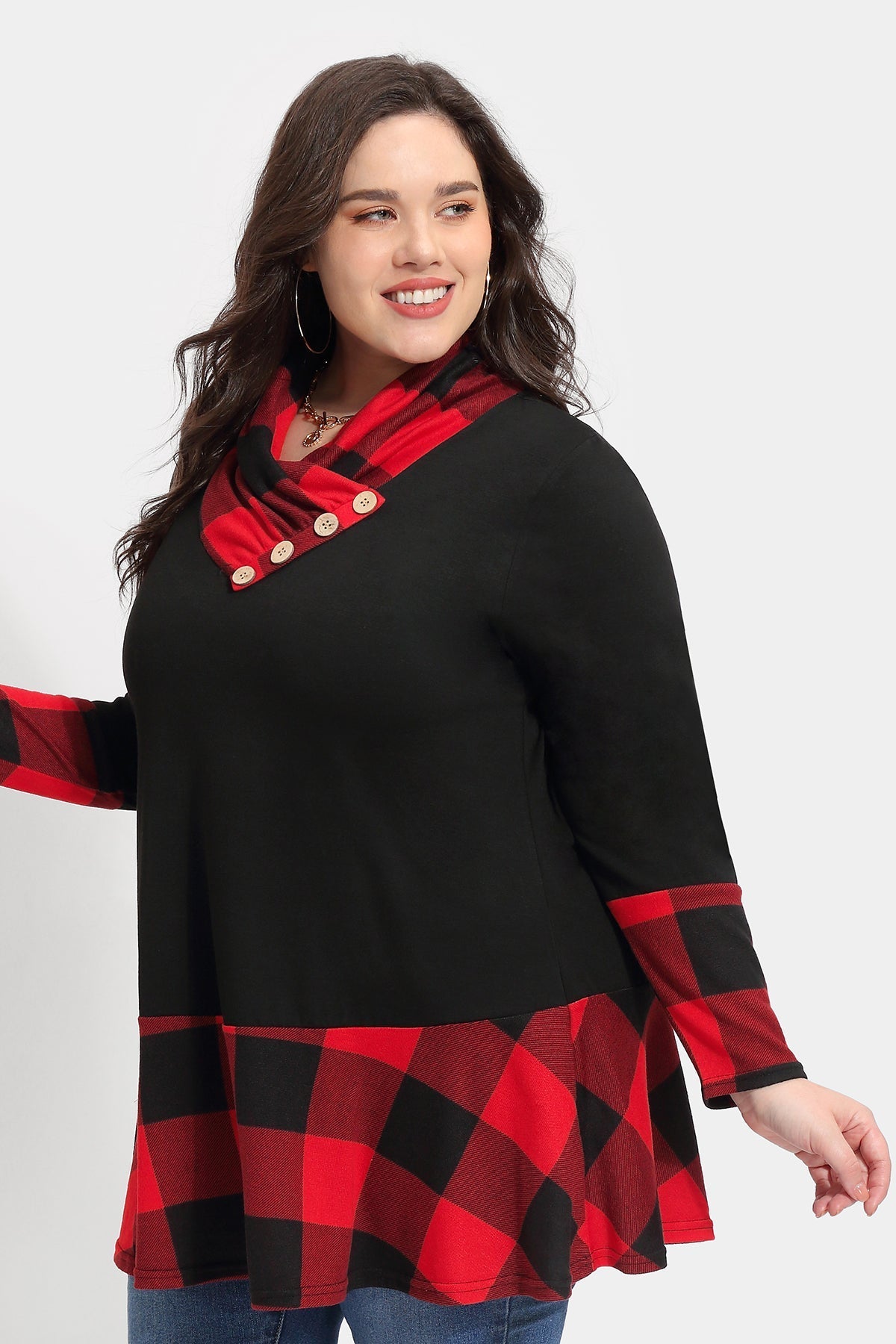 Colorblock Plaid Cowl Neck Tunic T-Shirt