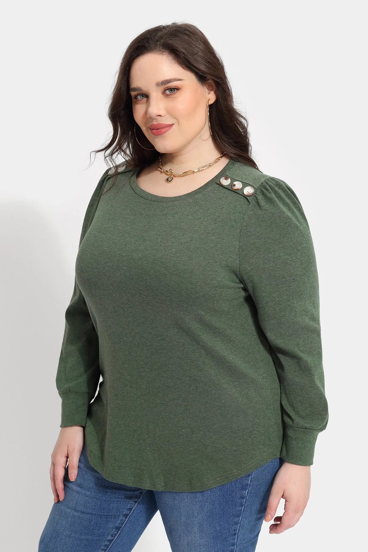 Solid Button Shoulder Detail Crewneck T-Shirt
