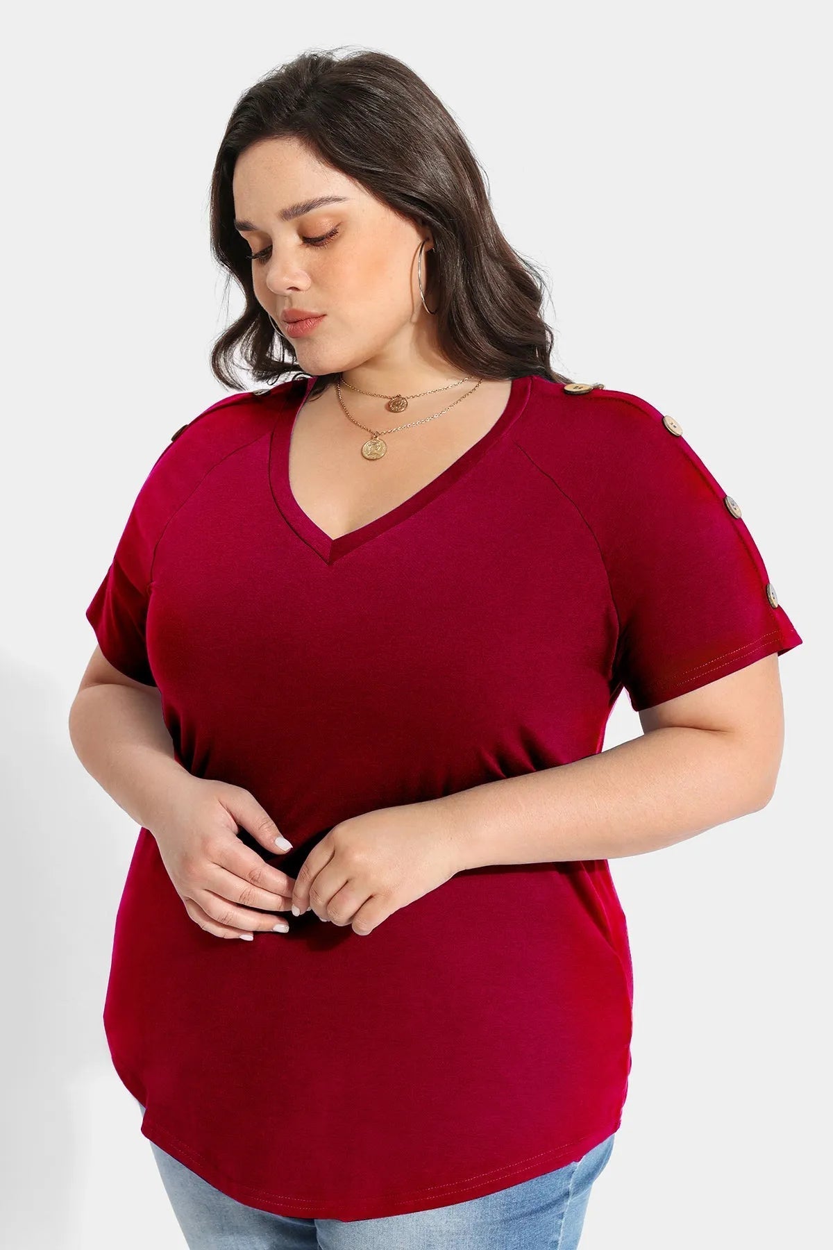 Ritera Plain V-neck Button Detail Short Sleeve T-Shirt