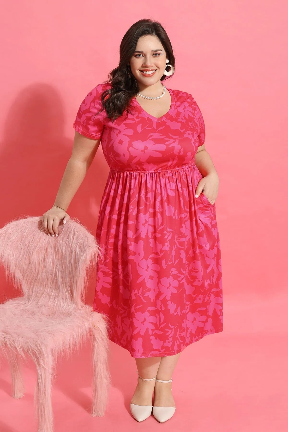 Ritera Pockets Elastic Waist Floral A-line Midi Dress