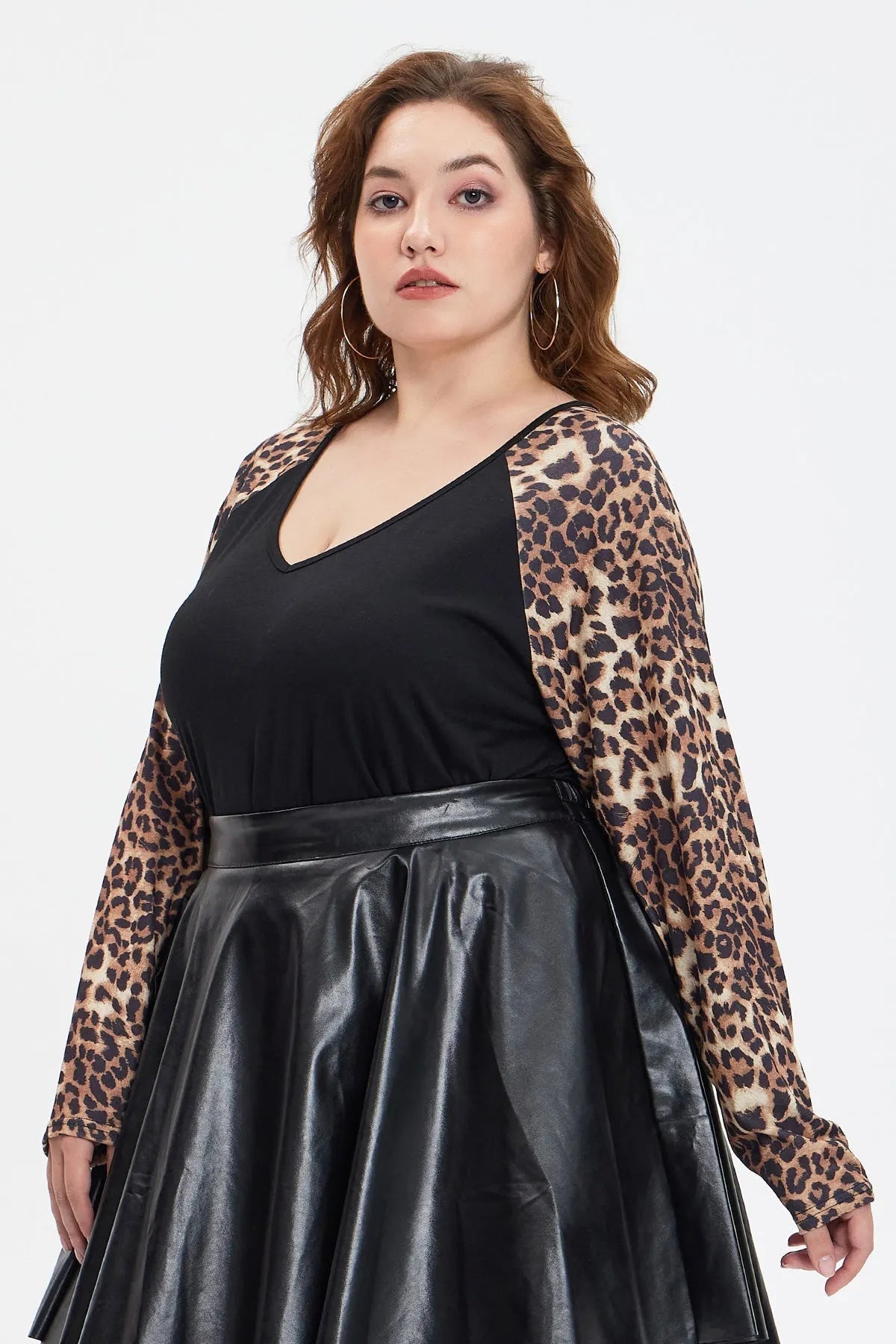 Black Leopard Raglan V Neck Long Sleeve T-Shirt