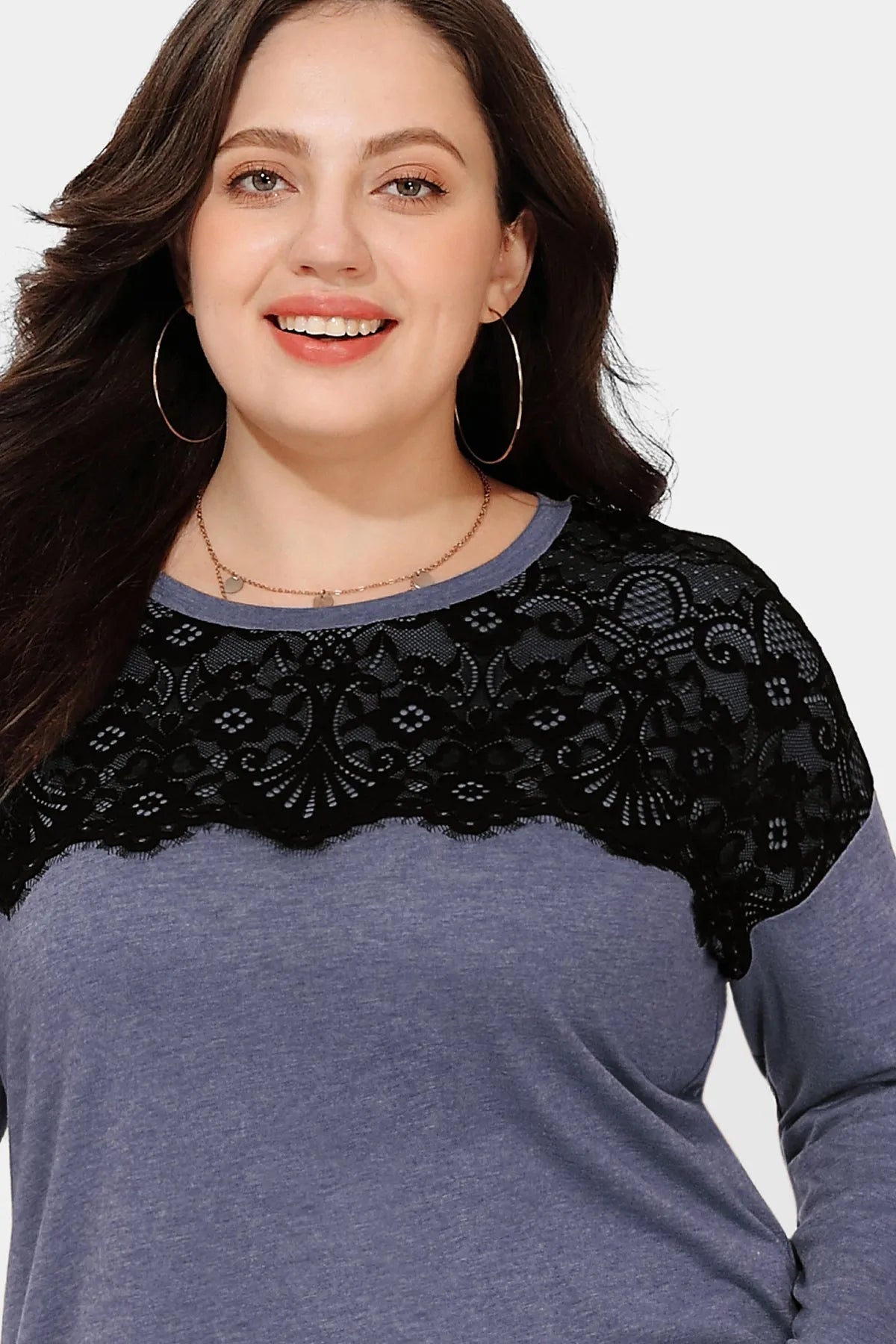 Black Lace Shoulder Crewneck Long Sleeve Shirt