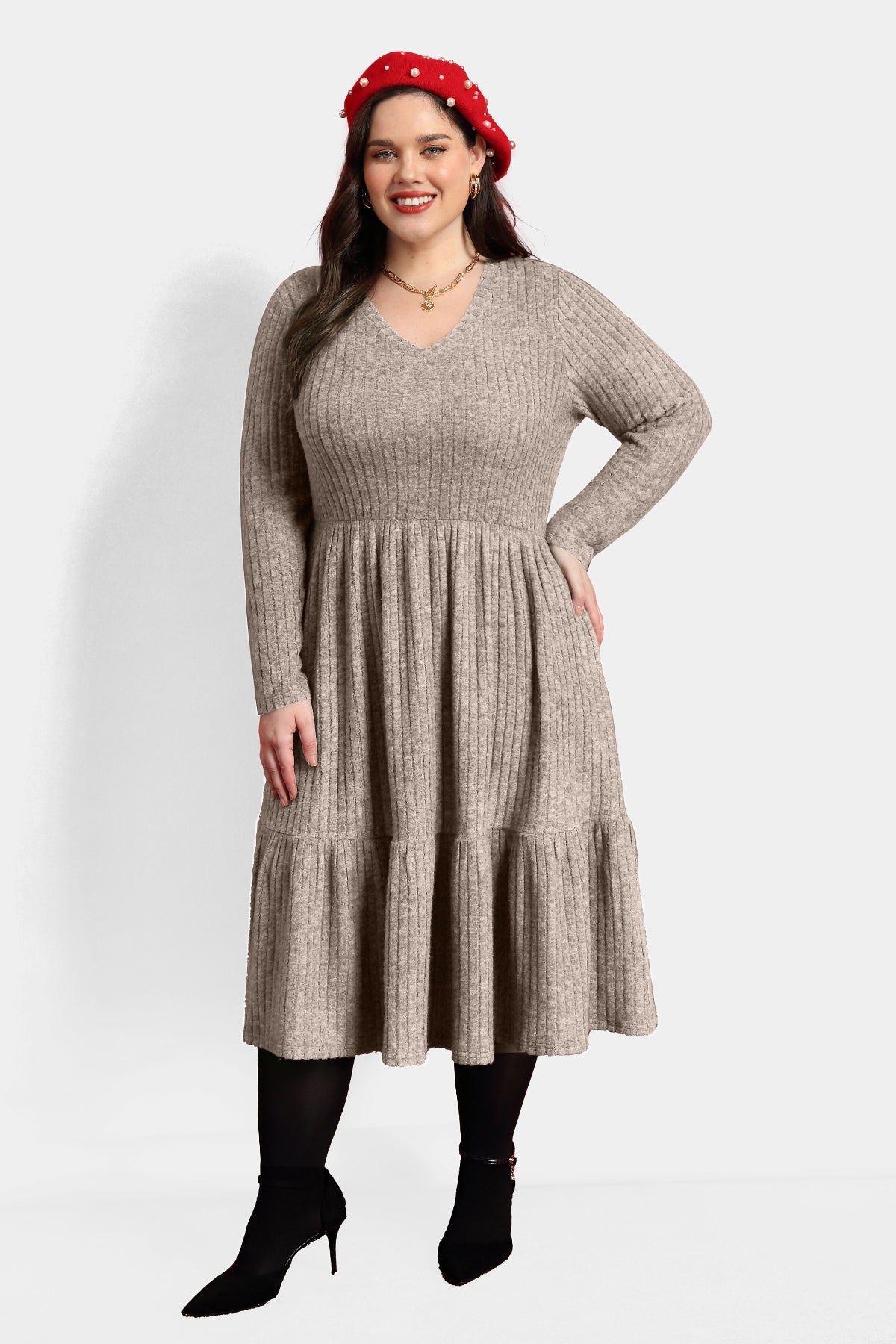 Pockets Rib Knit Elastic Midi Dress
