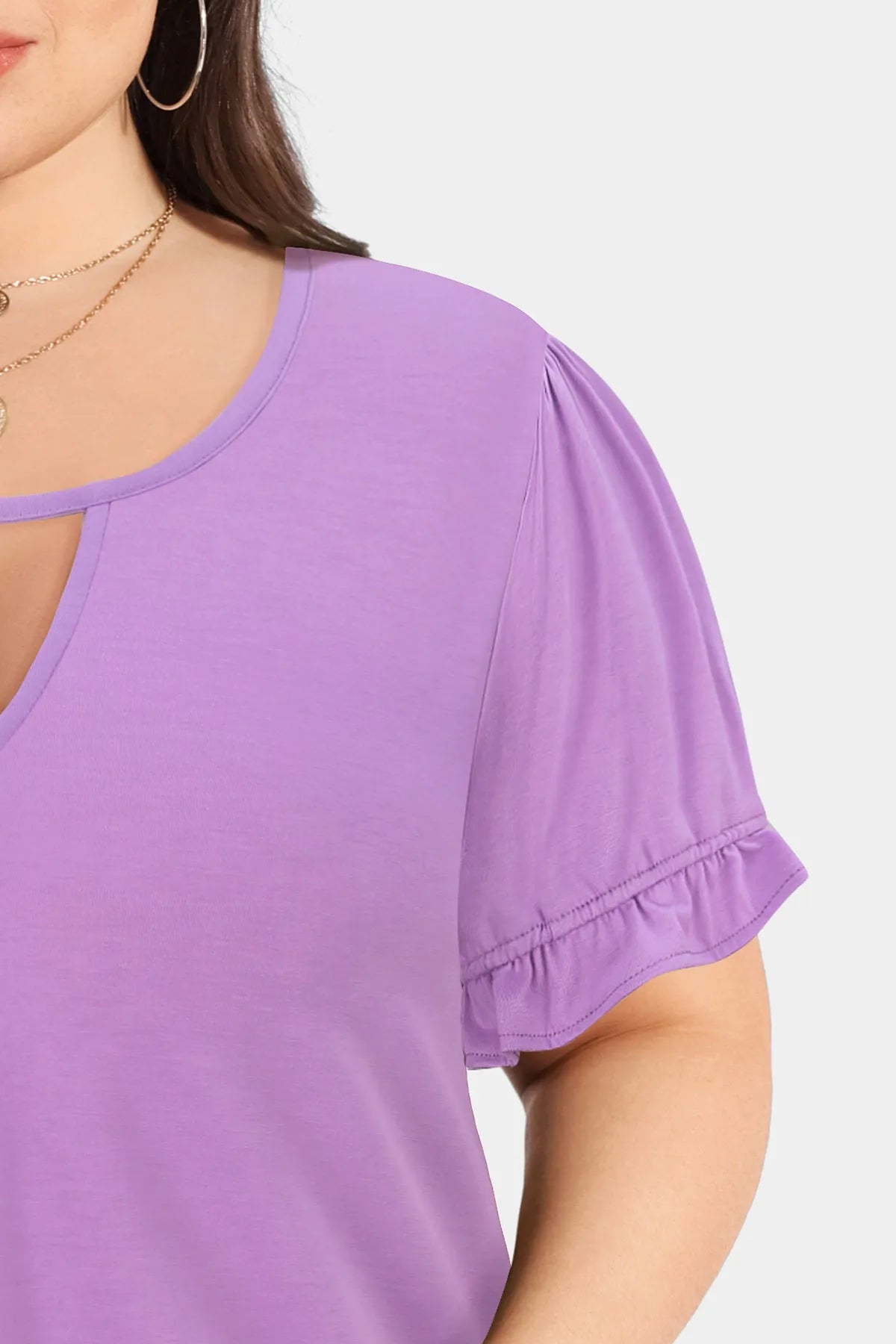 Essential Solid Keyhole Crewneck Puff Sleeves T-Shirt