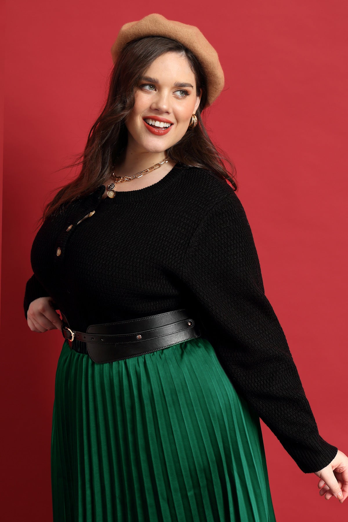 Solid Button Up Crewneck Cashmere Knitted Sweater