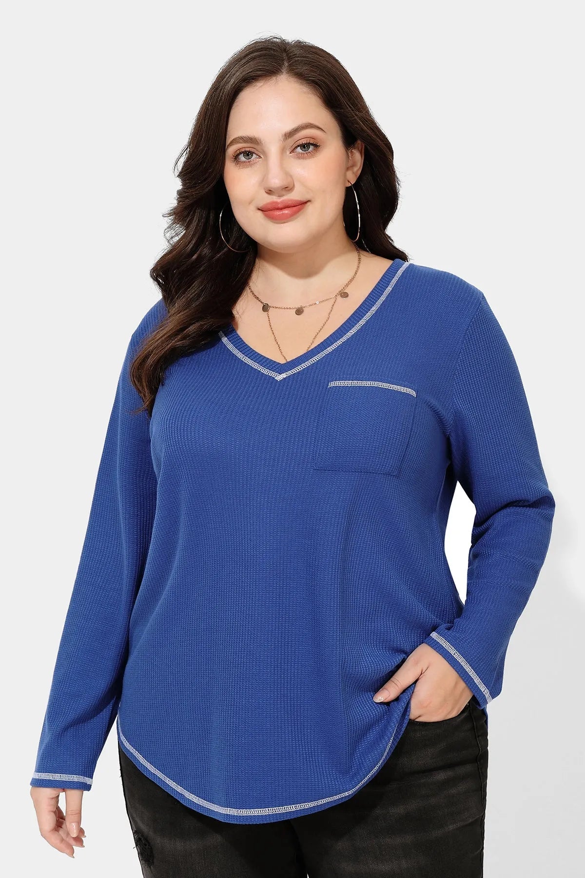 Texture Knitted V Neck Pocket Long Sleeve T-Shirt