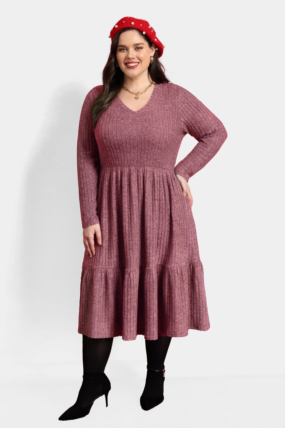 Pockets Rib Knit Elastic Midi Dress
