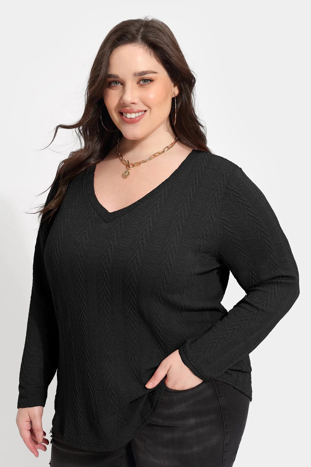 Essential V-neck Texture Long Sleeve T-Shirt