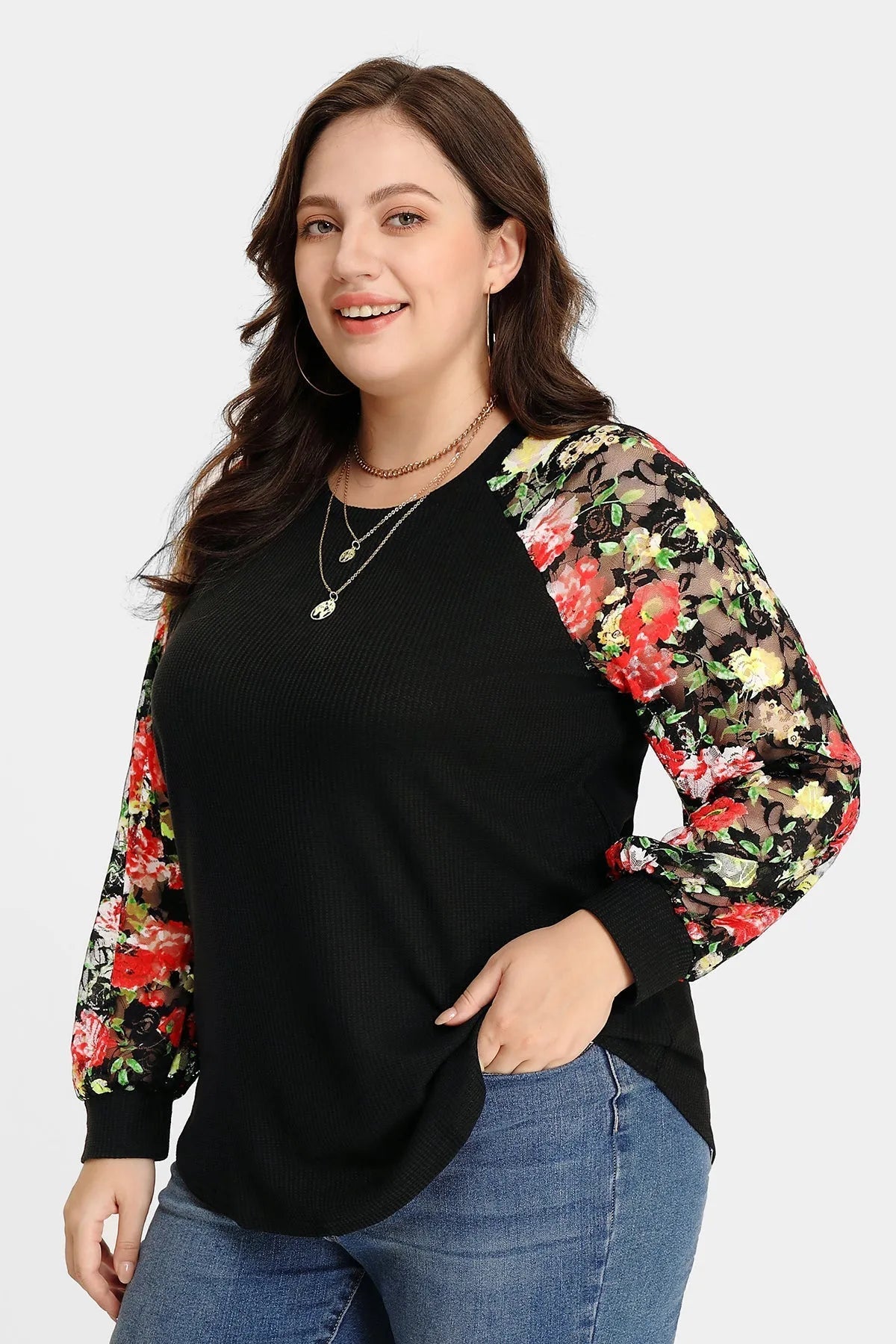 Ritera Raglan Stylish Lace Floral Long Sleeve T-Shirt