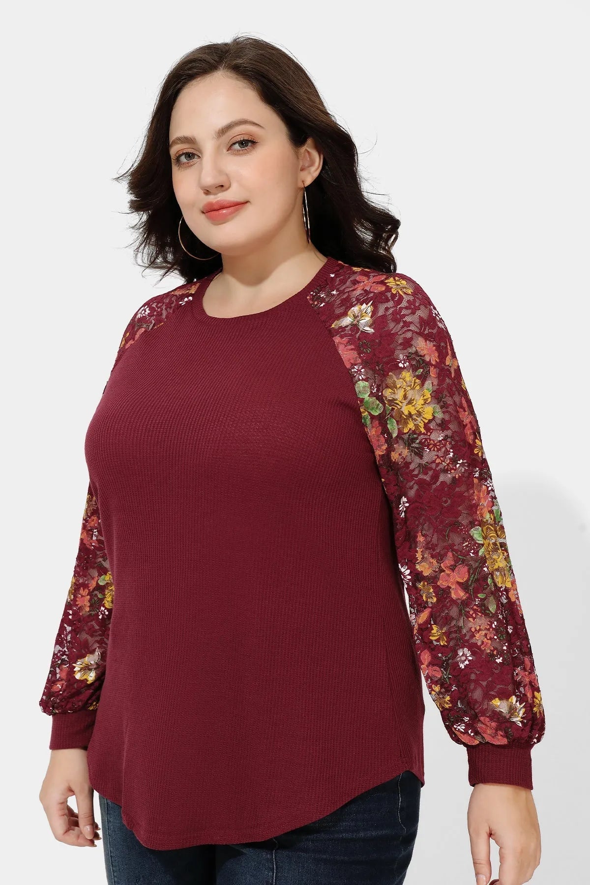 Ritera Raglan Stylish Lace Floral Long Sleeve T-Shirt