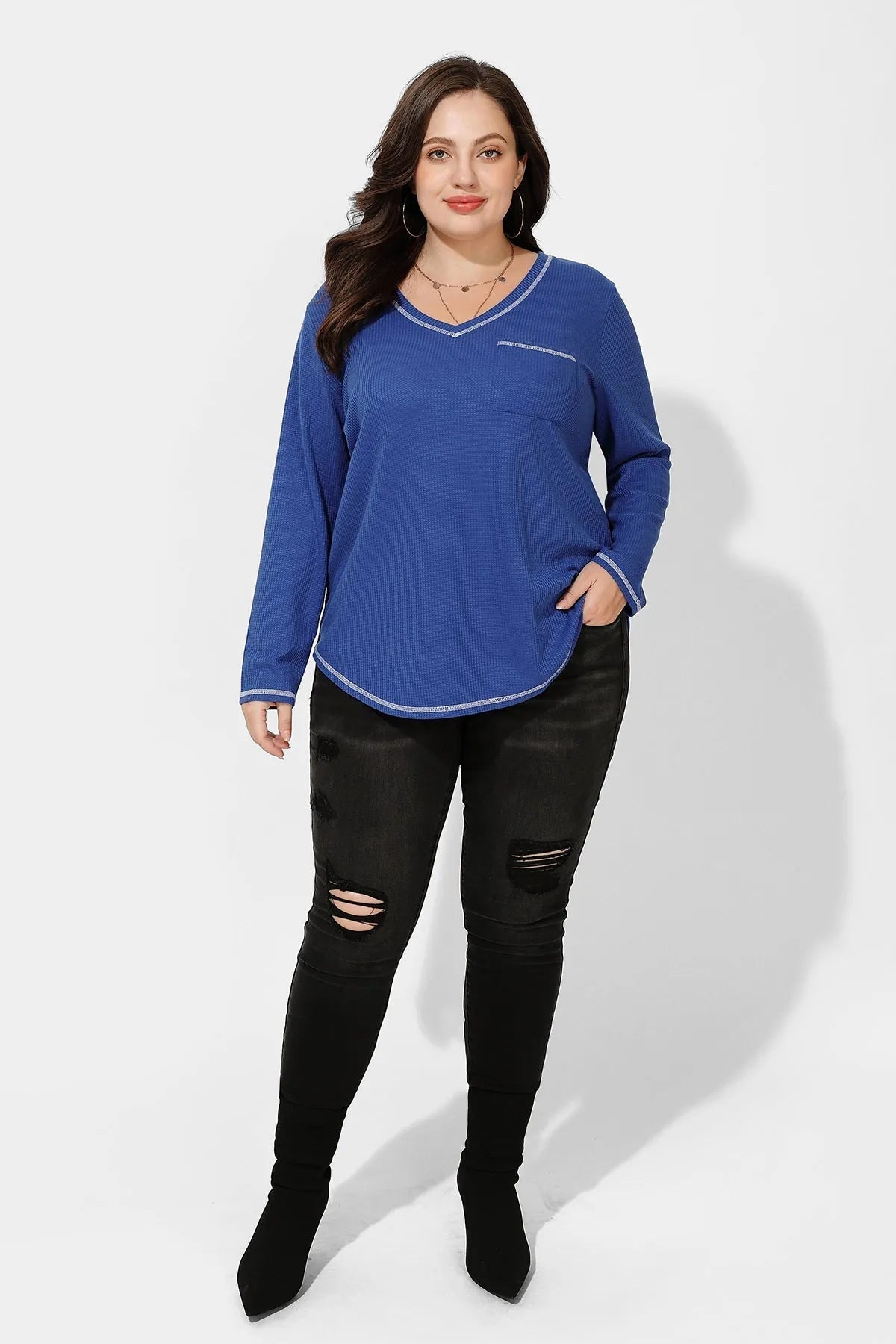 Texture Knitted V Neck Pocket Long Sleeve T-Shirt