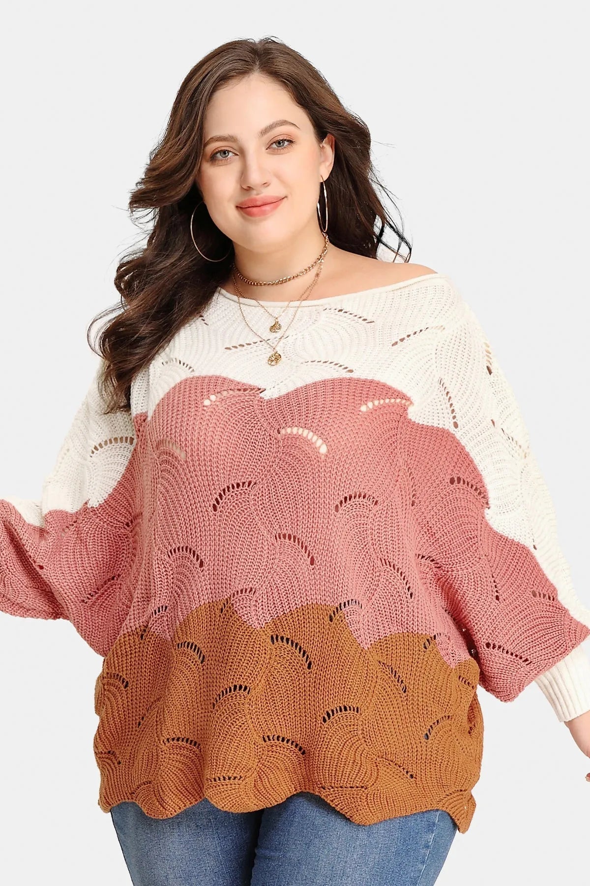Supersoft Colorblock Hollow Out Batwing Knit Sweater