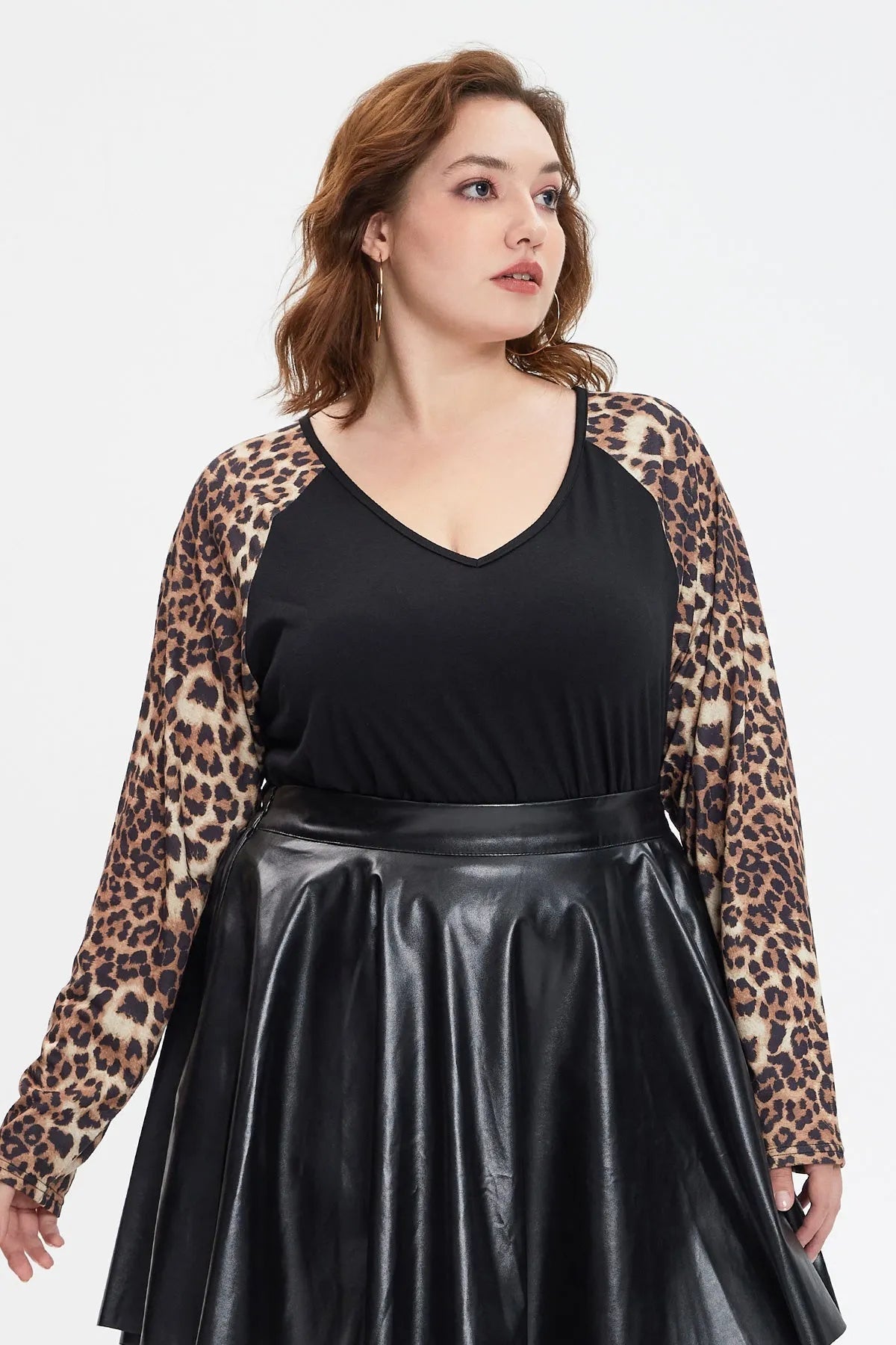 Black Leopard Raglan V Neck Long Sleeve T-Shirt