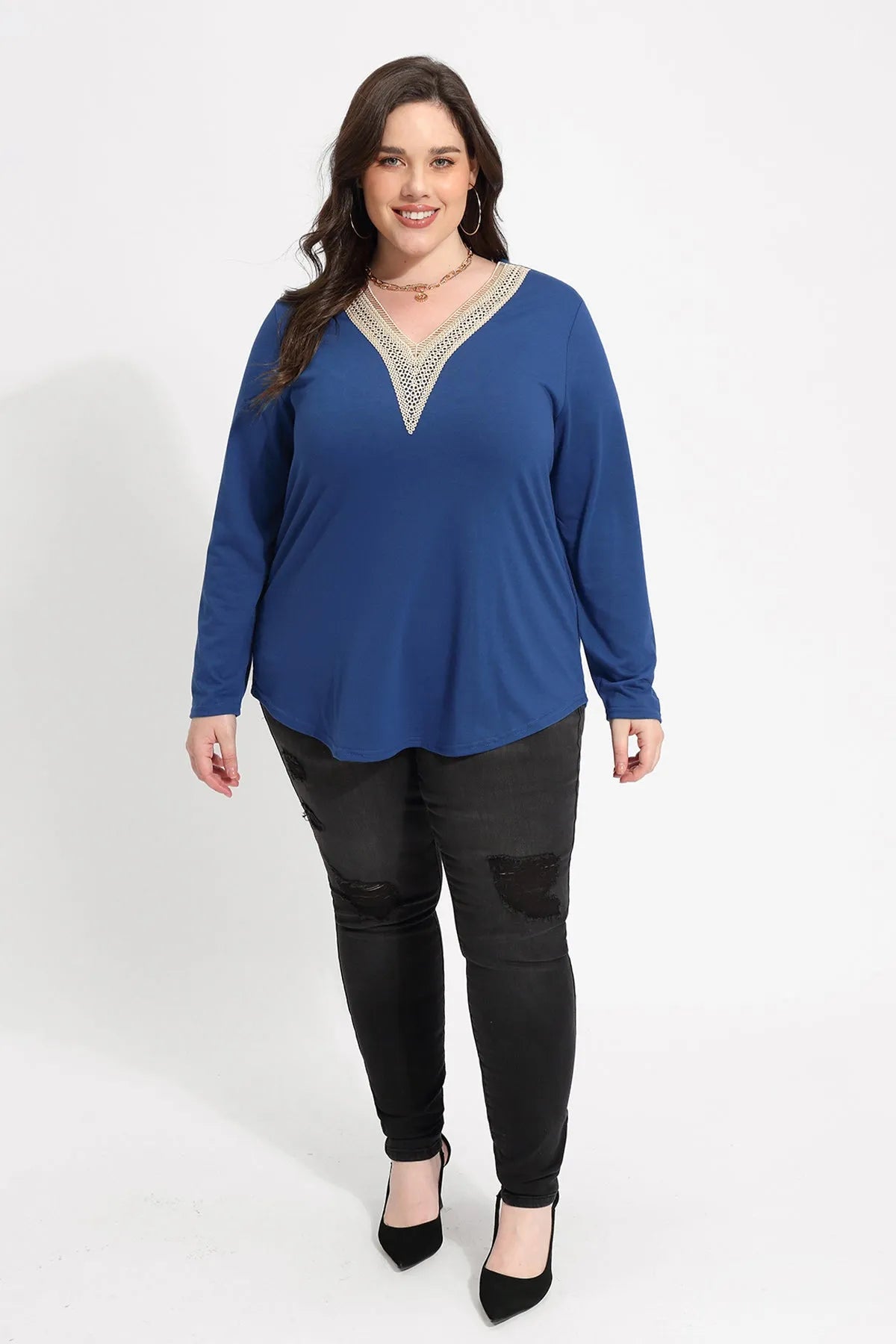 Solid Sexy Lace V-neck Long Sleeve T-Shirt