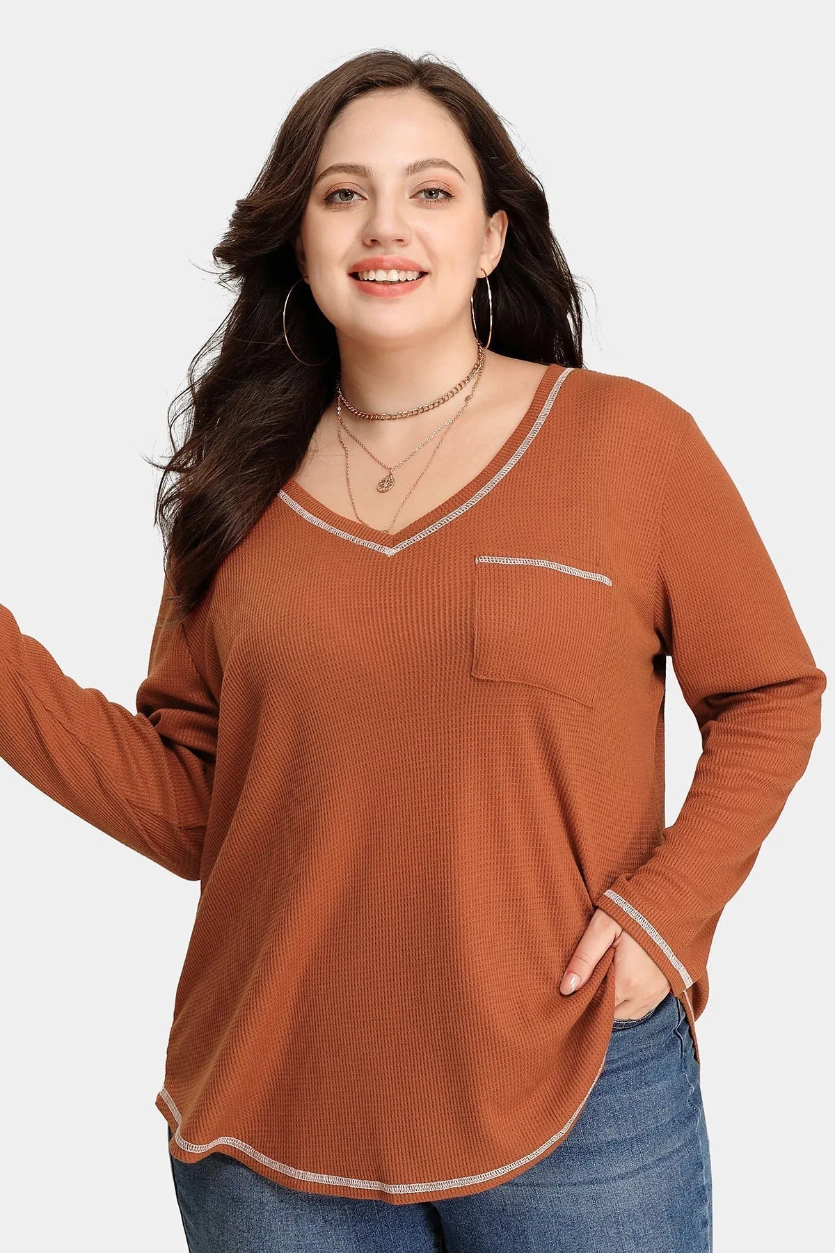 Texture Knitted V Neck Pocket Long Sleeve T-Shirt