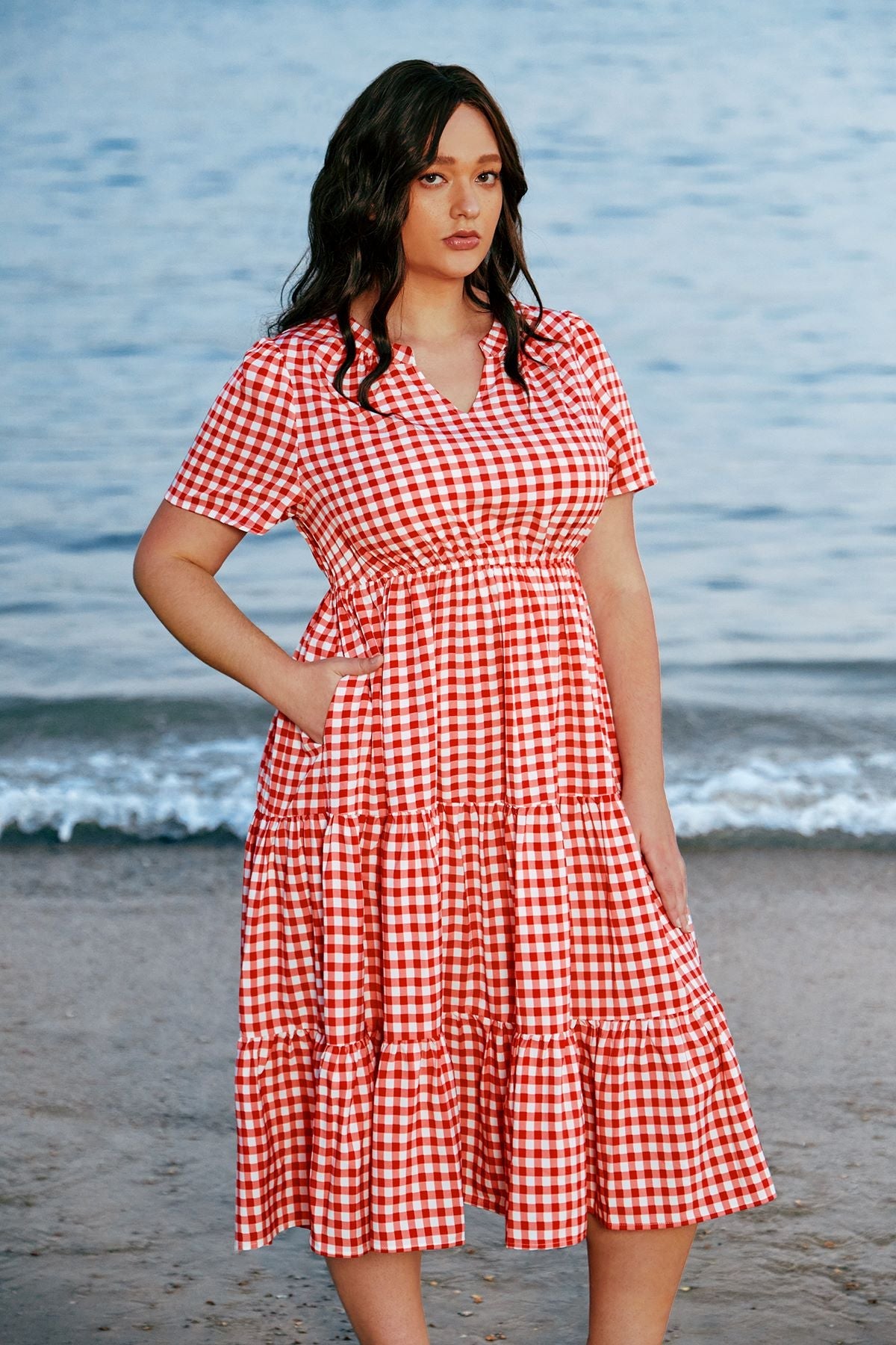 Pockets Elastic Striped Midi Dress