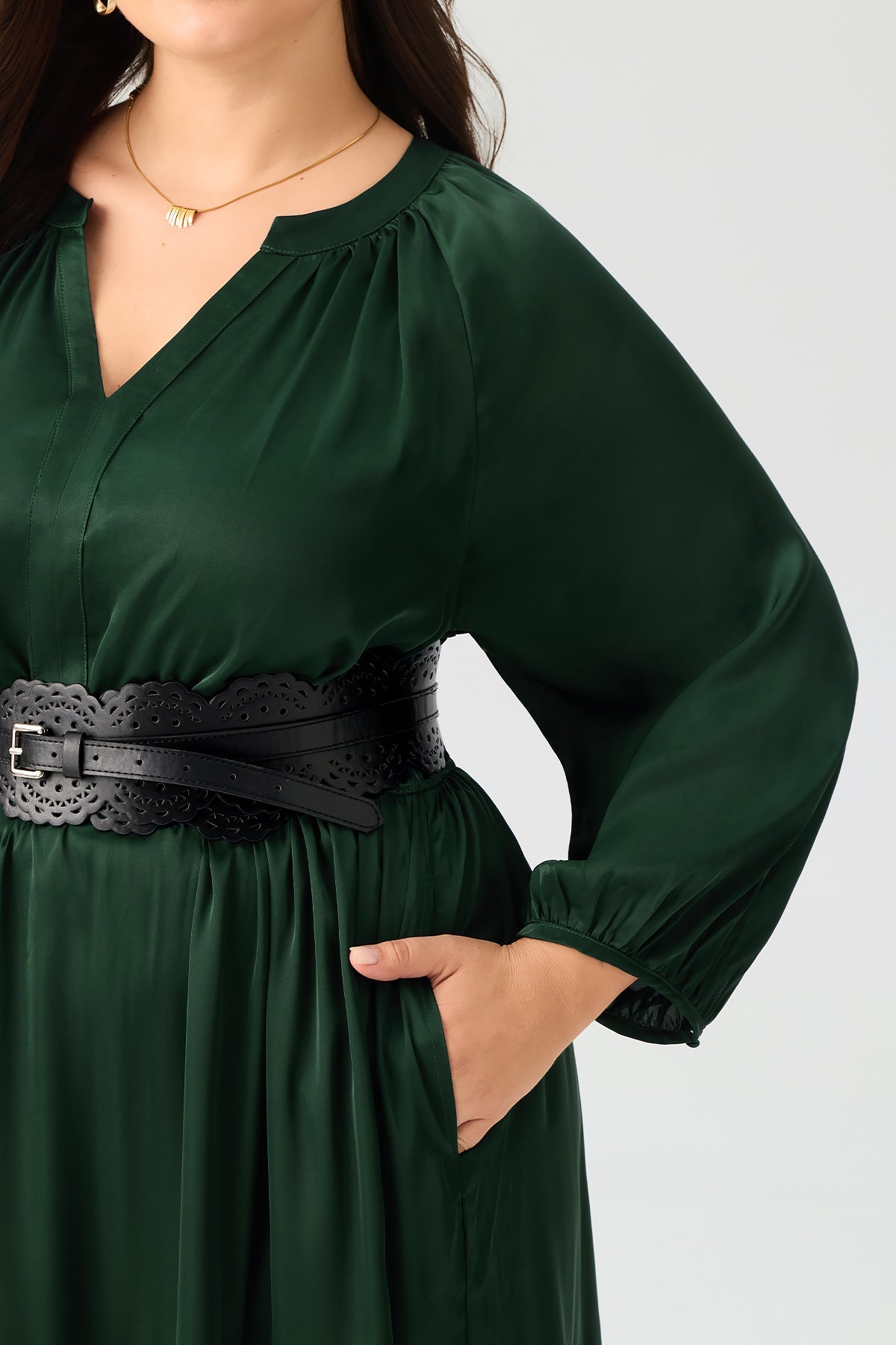 Satin Notch Neck Pocket Tiered Maxi Dress