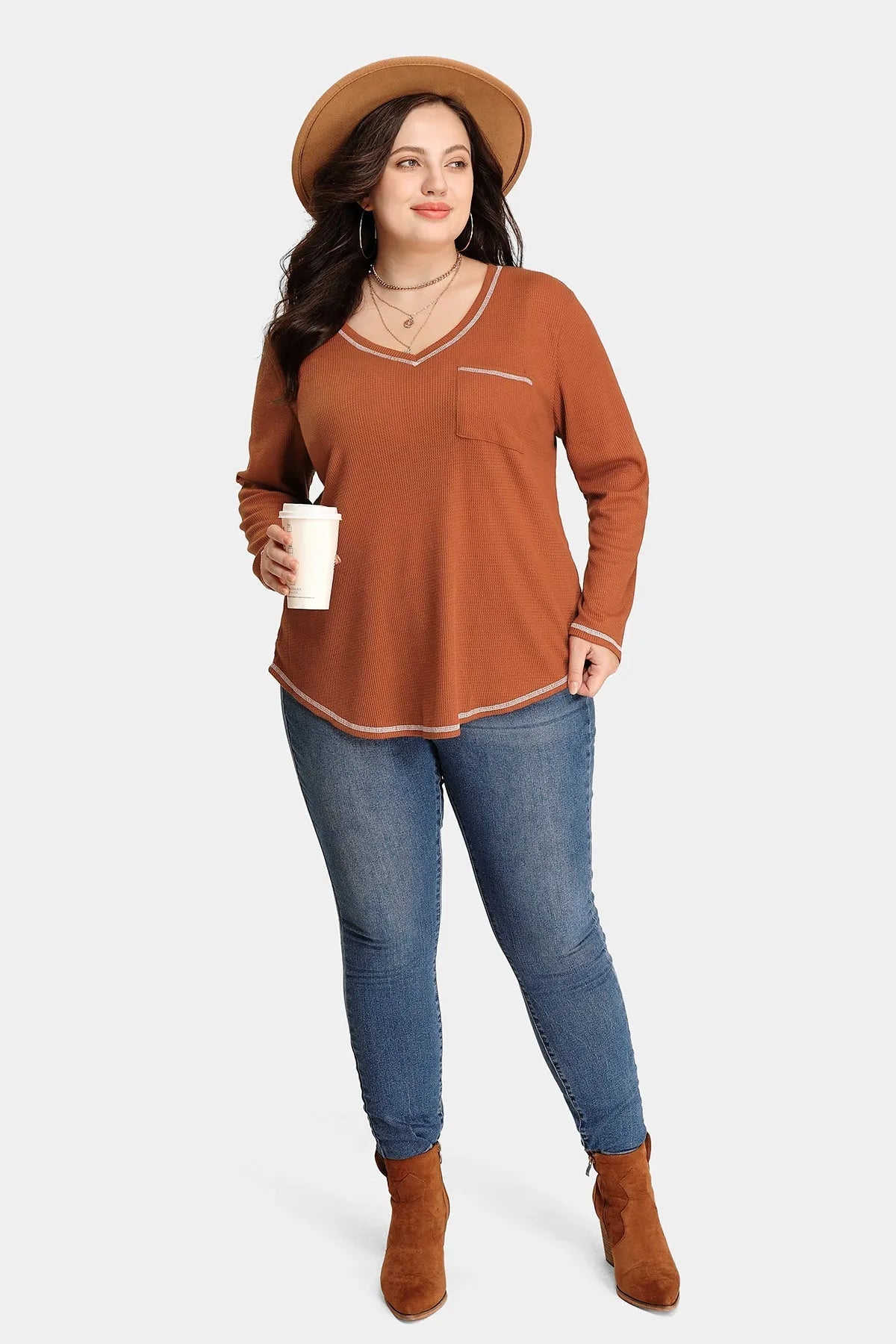 Texture Knitted V Neck Pocket Long Sleeve T-Shirt