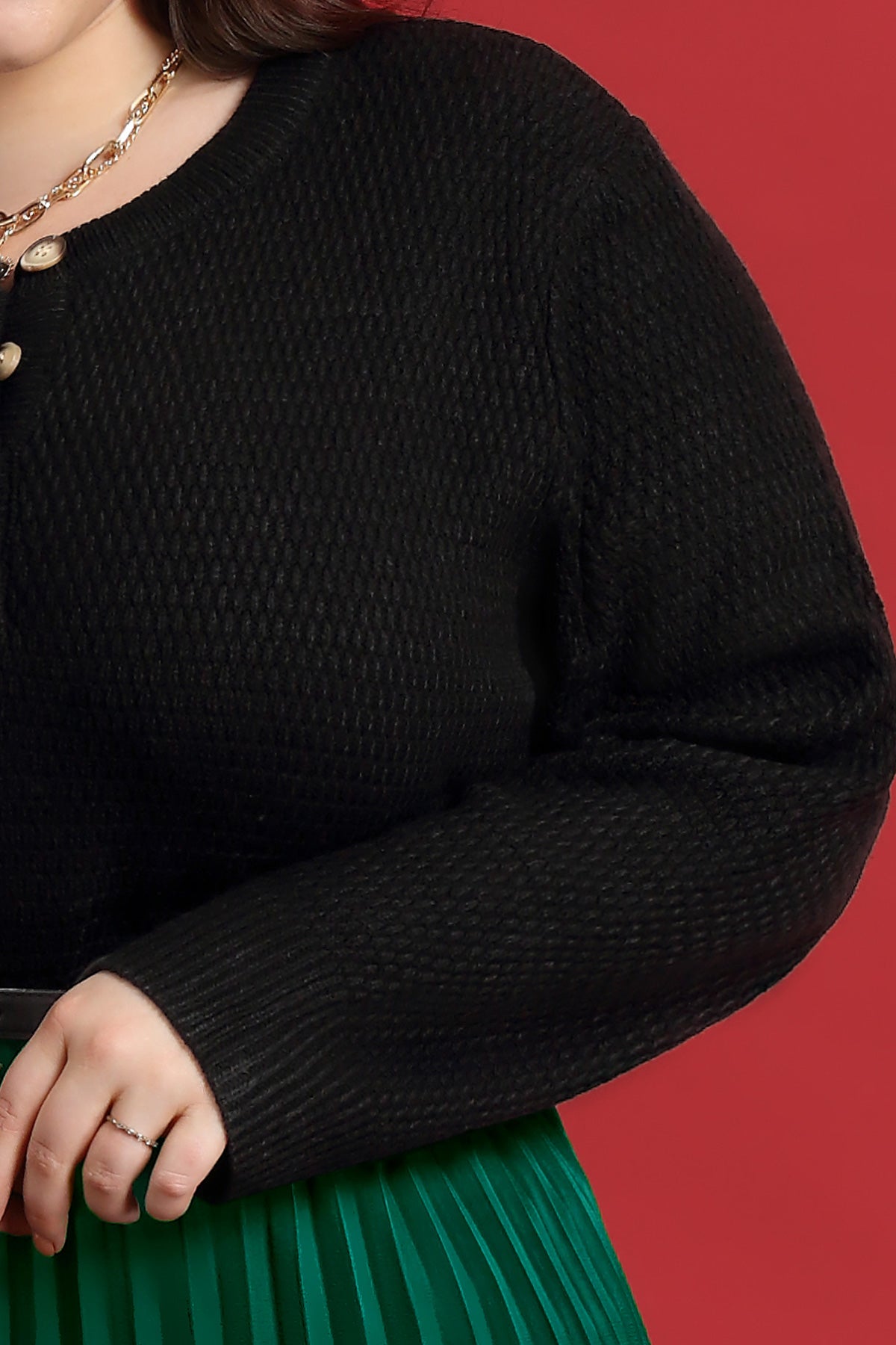 Solid Button Up Crewneck Cashmere Knitted Sweater