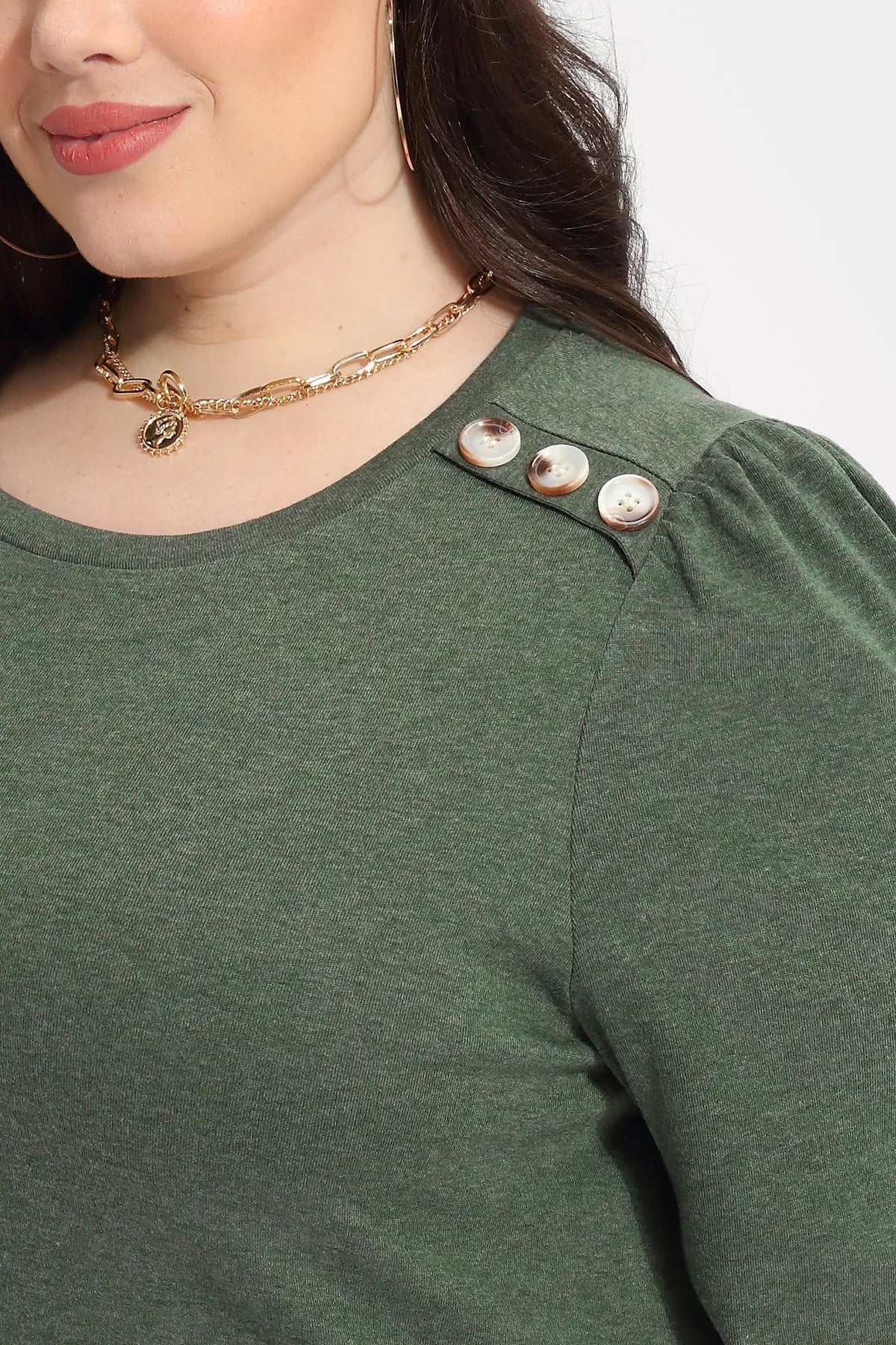 Solid Button Shoulder Detail Crewneck T-Shirt