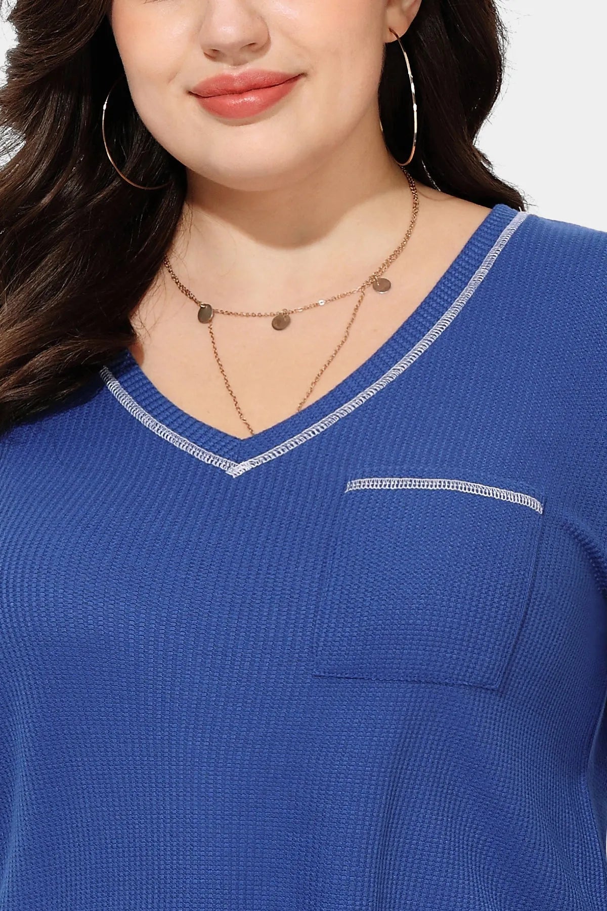 Texture Knitted V Neck Pocket Long Sleeve T-Shirt