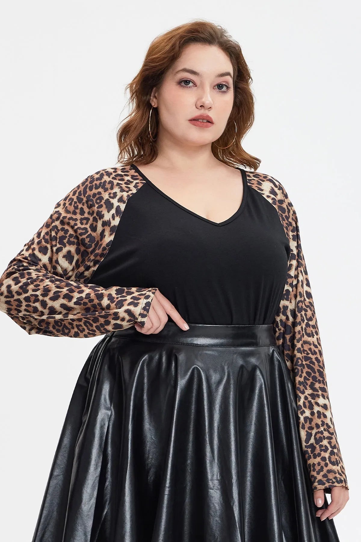 Black Leopard Raglan V Neck Long Sleeve T-Shirt