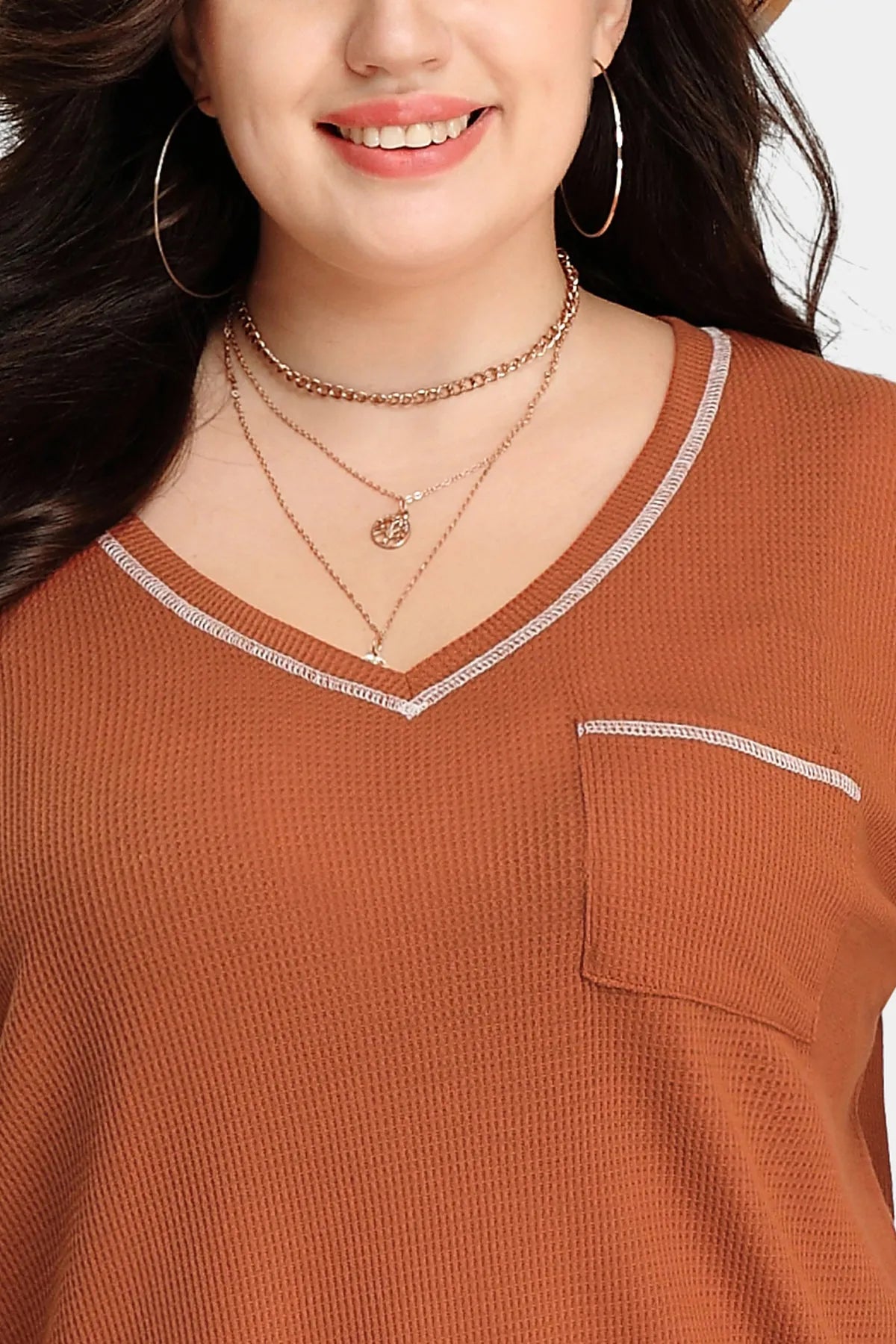 Texture Knitted V Neck Pocket Long Sleeve T-Shirt