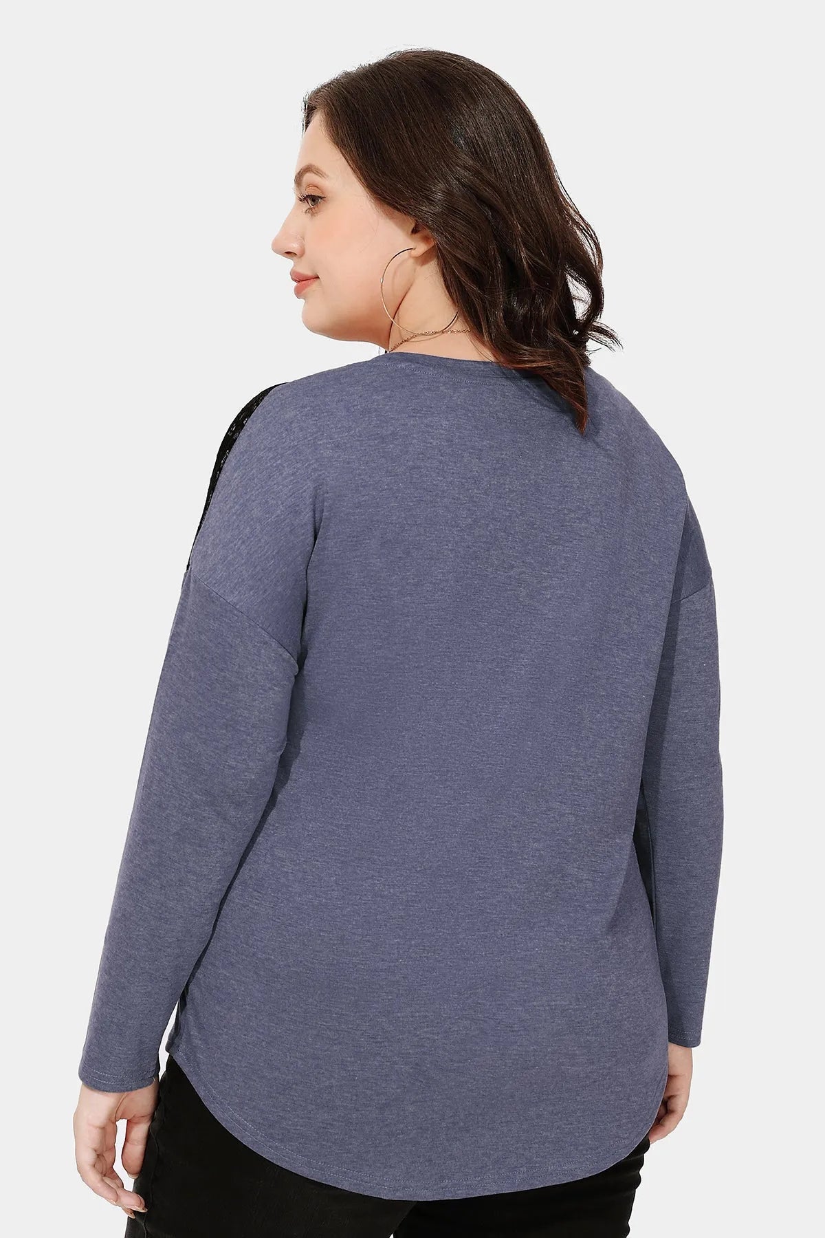 Black Lace Shoulder Crewneck Long Sleeve Shirt