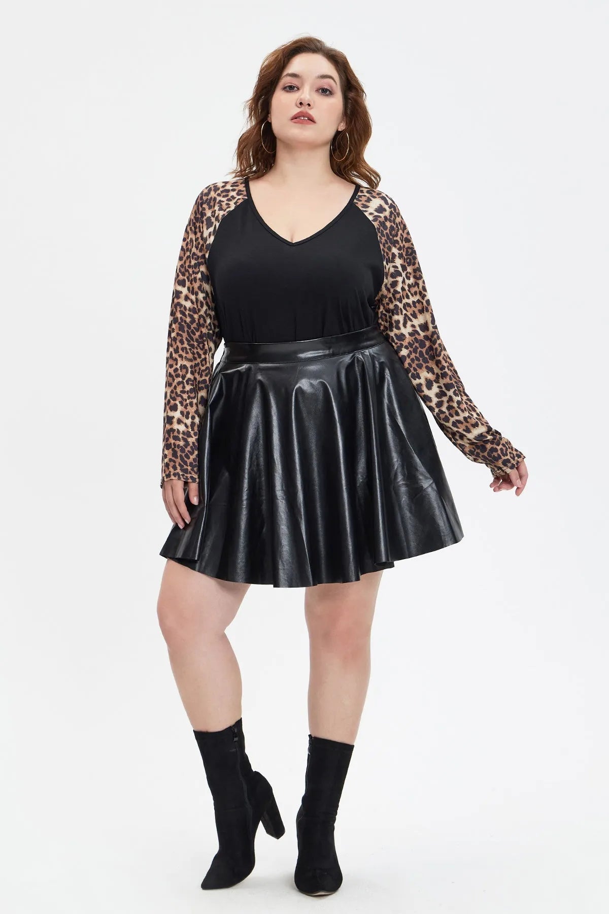 Black Leopard Raglan V Neck Long Sleeve T-Shirt